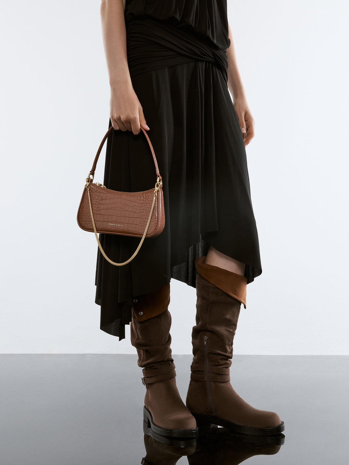 Elspeth Croc-Effect Shoulder Bag - Chocolate Croco | CHARLES & KEITH