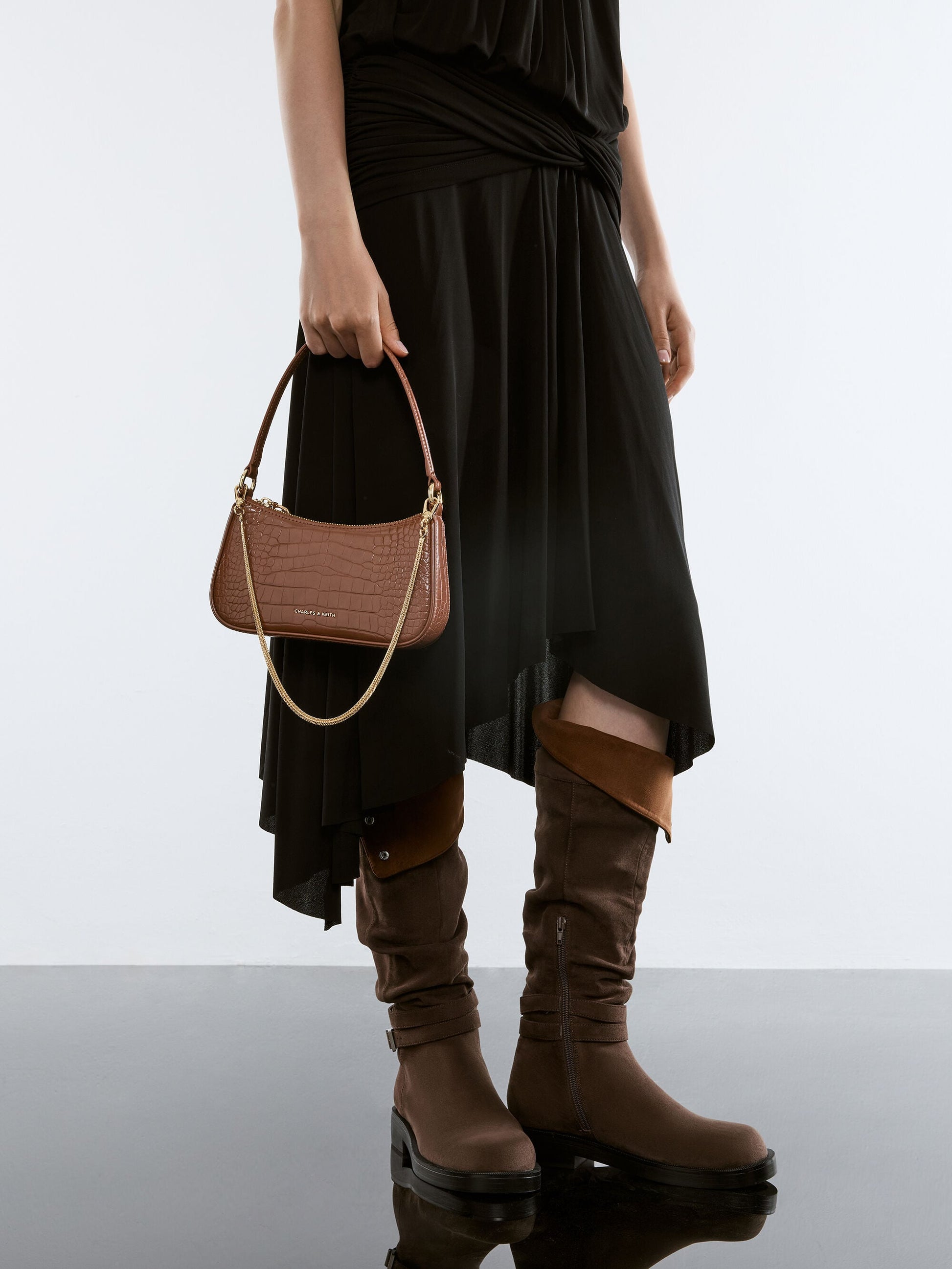 Elspeth Croc-Effect Shoulder Bag - Chocolate Croco | CHARLES & KEITH