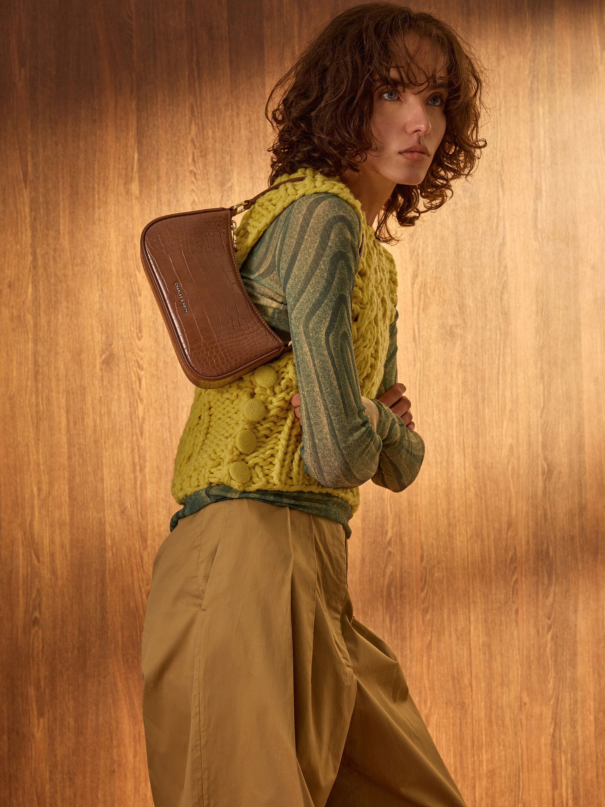 Elspeth Croc-Effect Shoulder Bag - Chocolate Croco | CHARLES & KEITH