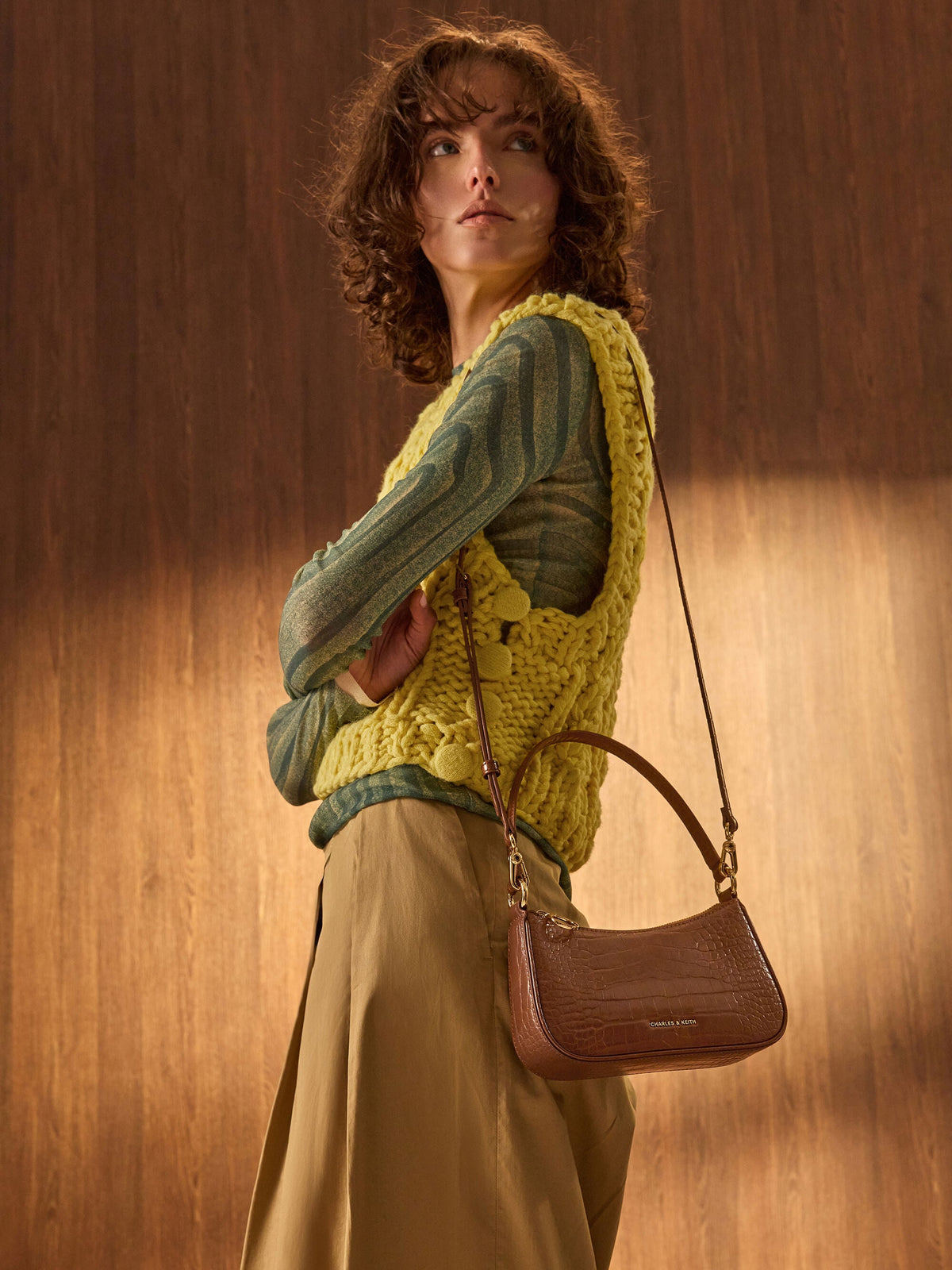 Elspeth Croc-Effect Shoulder Bag - Chocolate Croco | CHARLES & KEITH