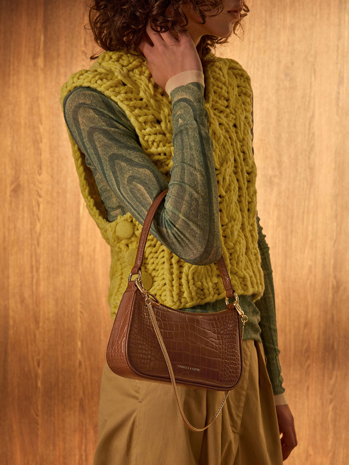 Elspeth Croc-Effect Shoulder Bag - Chocolate Croco | CHARLES & KEITH