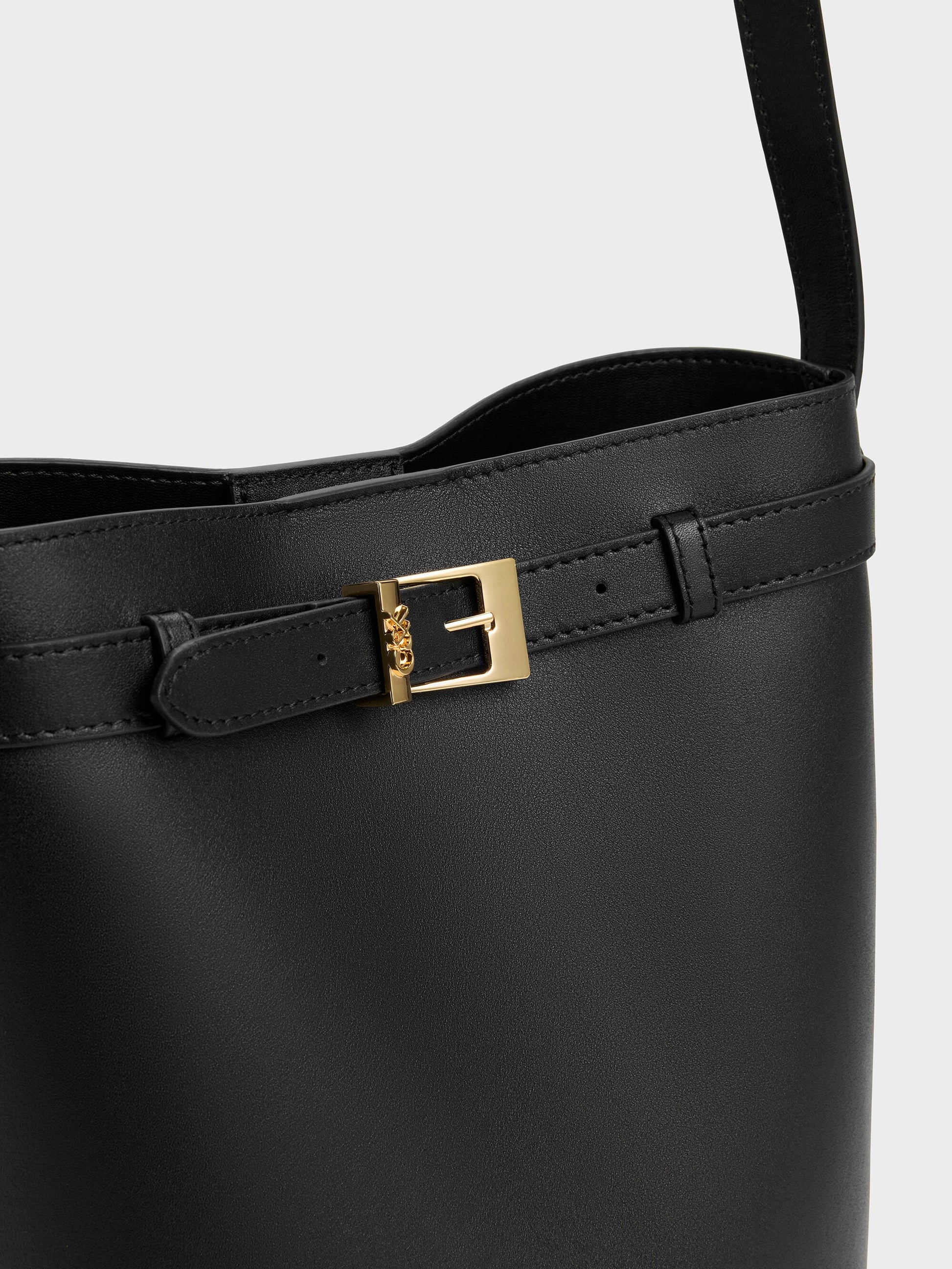 Jody Leather Belted Bucket Bag - Black | CHARLES & KEITH
