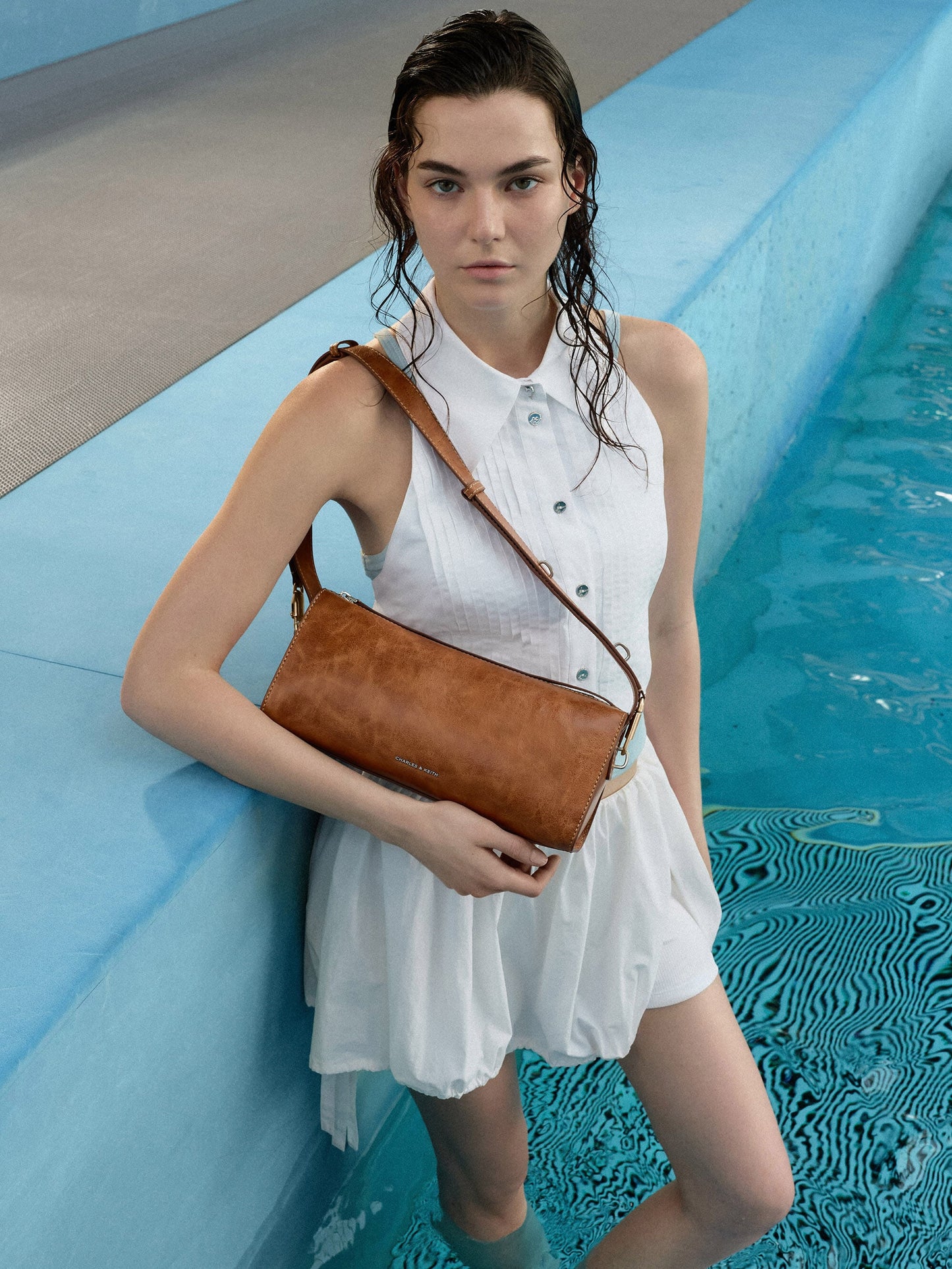 Delfina Elongated Shoulder Bag - Distressed Tan | CHARLES & KEITH