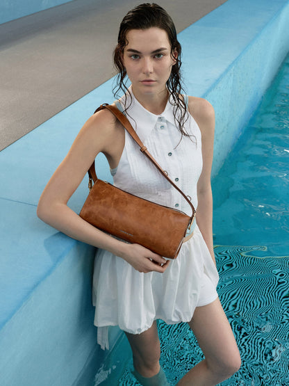 Delfina Elongated Shoulder Bag - Distressed Tan | CHARLES & KEITH