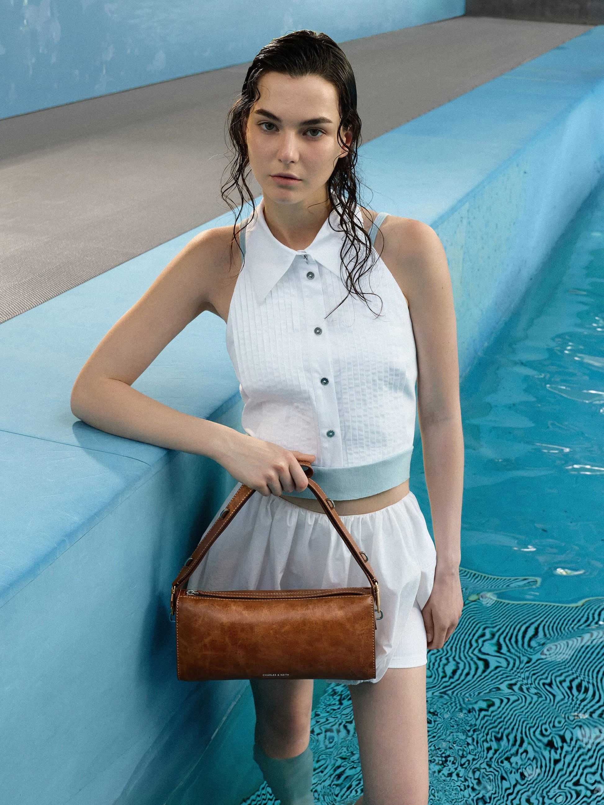 Delfina Elongated Shoulder Bag - Distressed Tan | CHARLES & KEITH