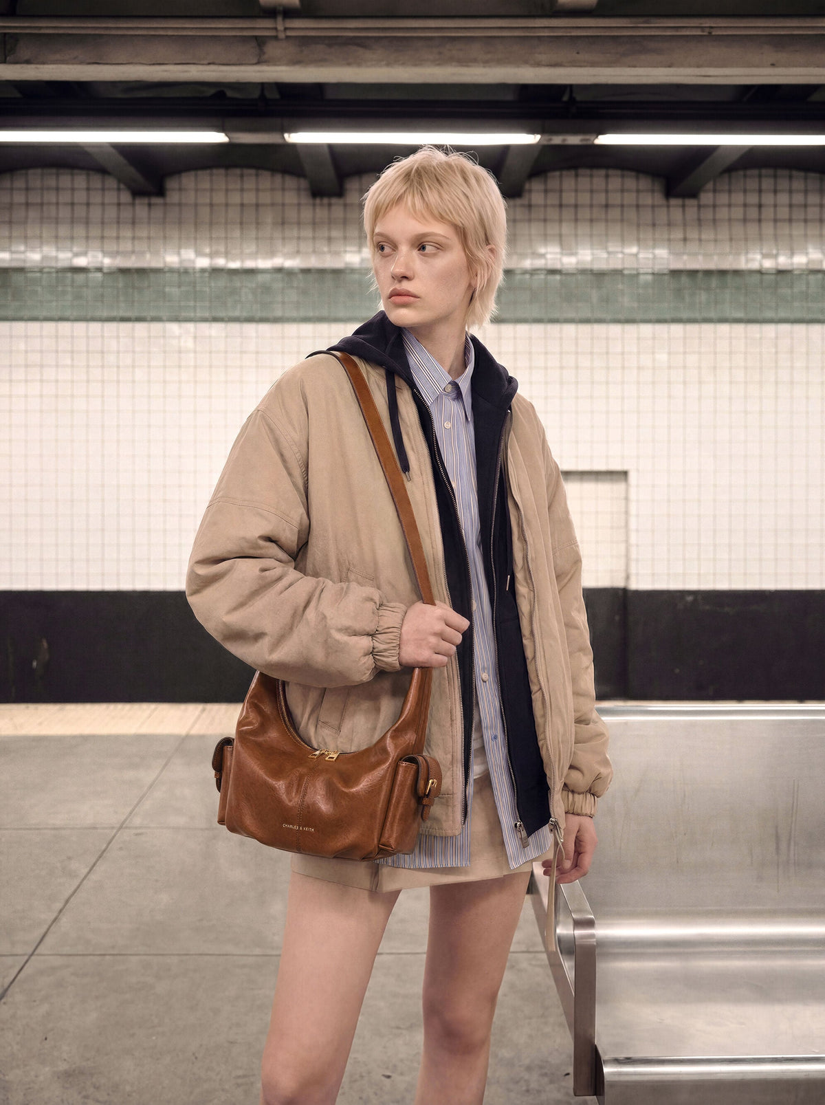 Bessie Side-Pocket Hobo Bag - Distressed Tan | CHARLES & KEITH