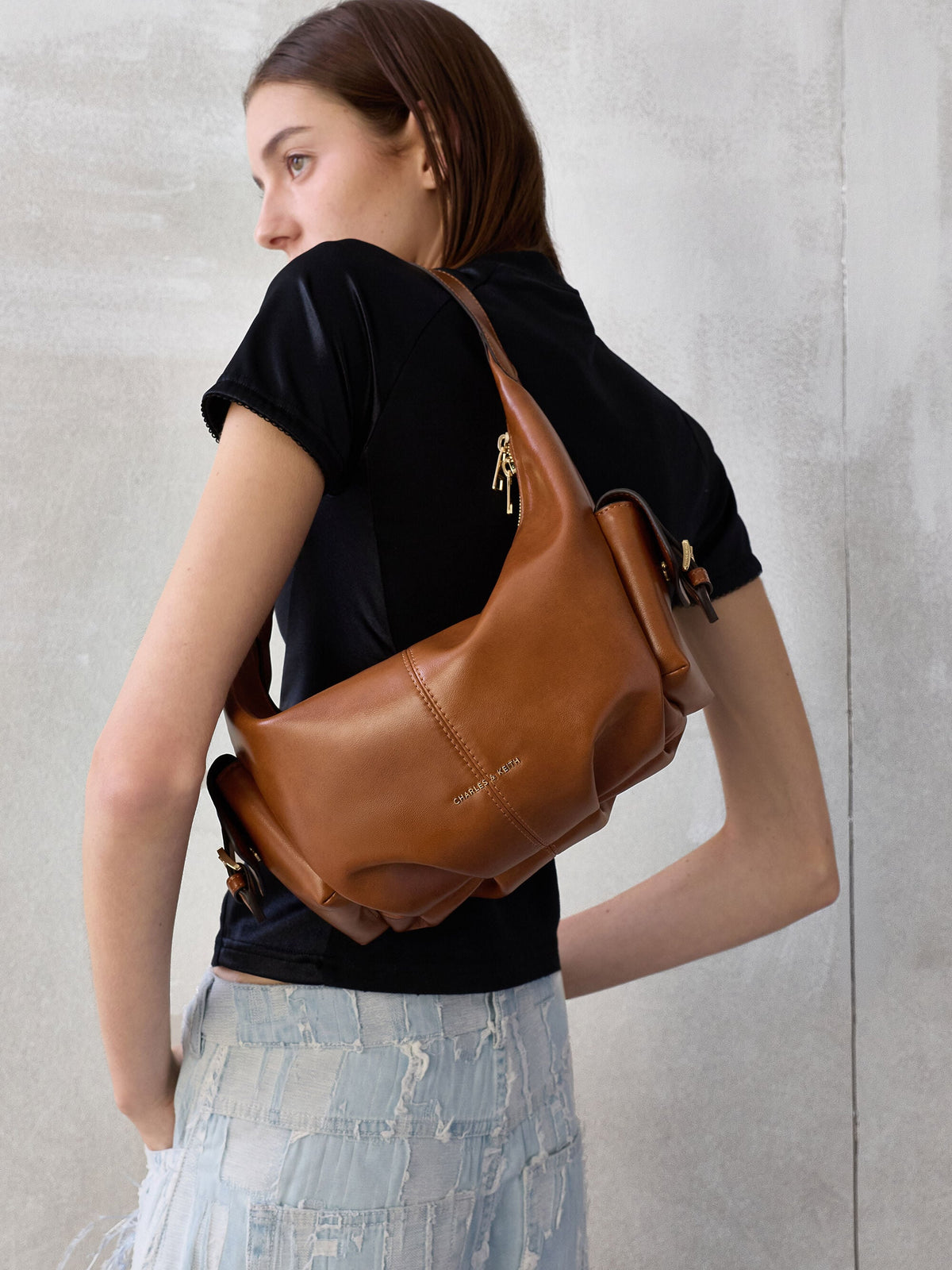 Bessie Side-Pocket Hobo Bag - Distressed Tan | CHARLES & KEITH