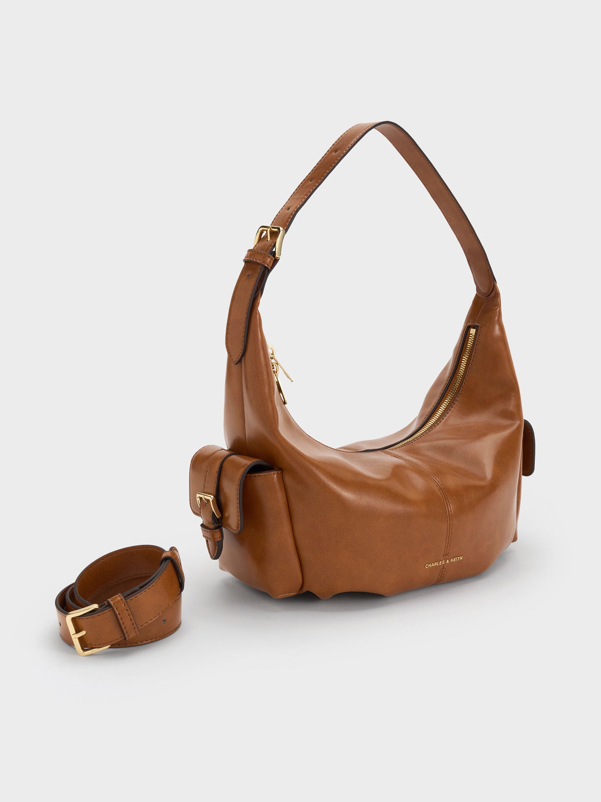 Bessie Side-Pocket Hobo Bag - Distressed Tan | CHARLES & KEITH