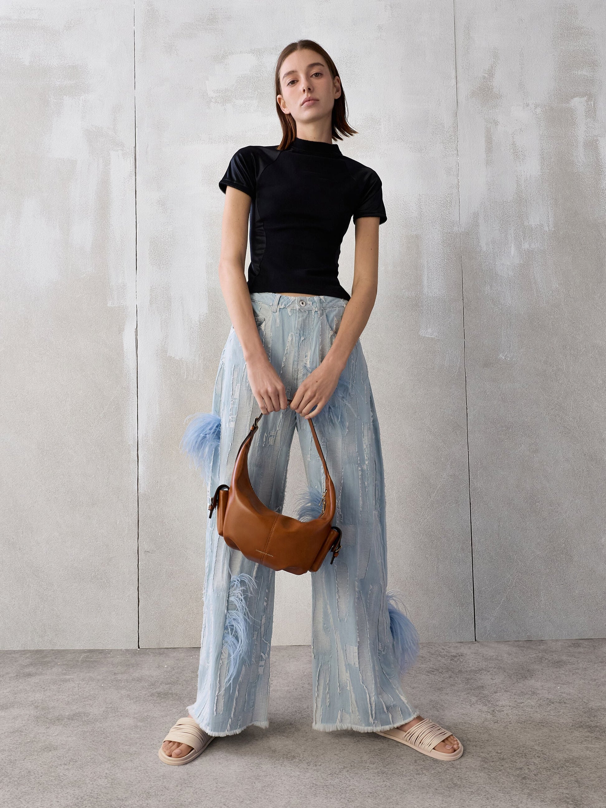 Bessie Side-Pocket Hobo Bag - Distressed Tan | CHARLES & KEITH