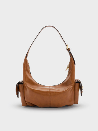 Bessie Side-Pocket Hobo Bag - Distressed Tan | CHARLES & KEITH