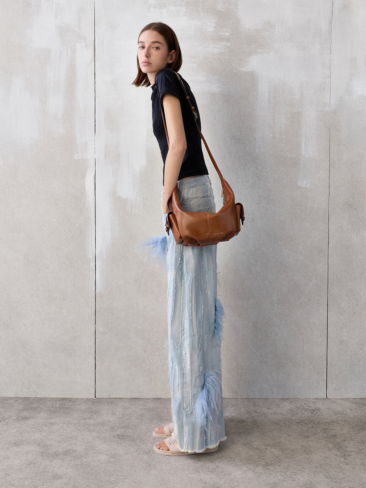 Bessie Side-Pocket Hobo Bag - Distressed Tan | CHARLES & KEITH