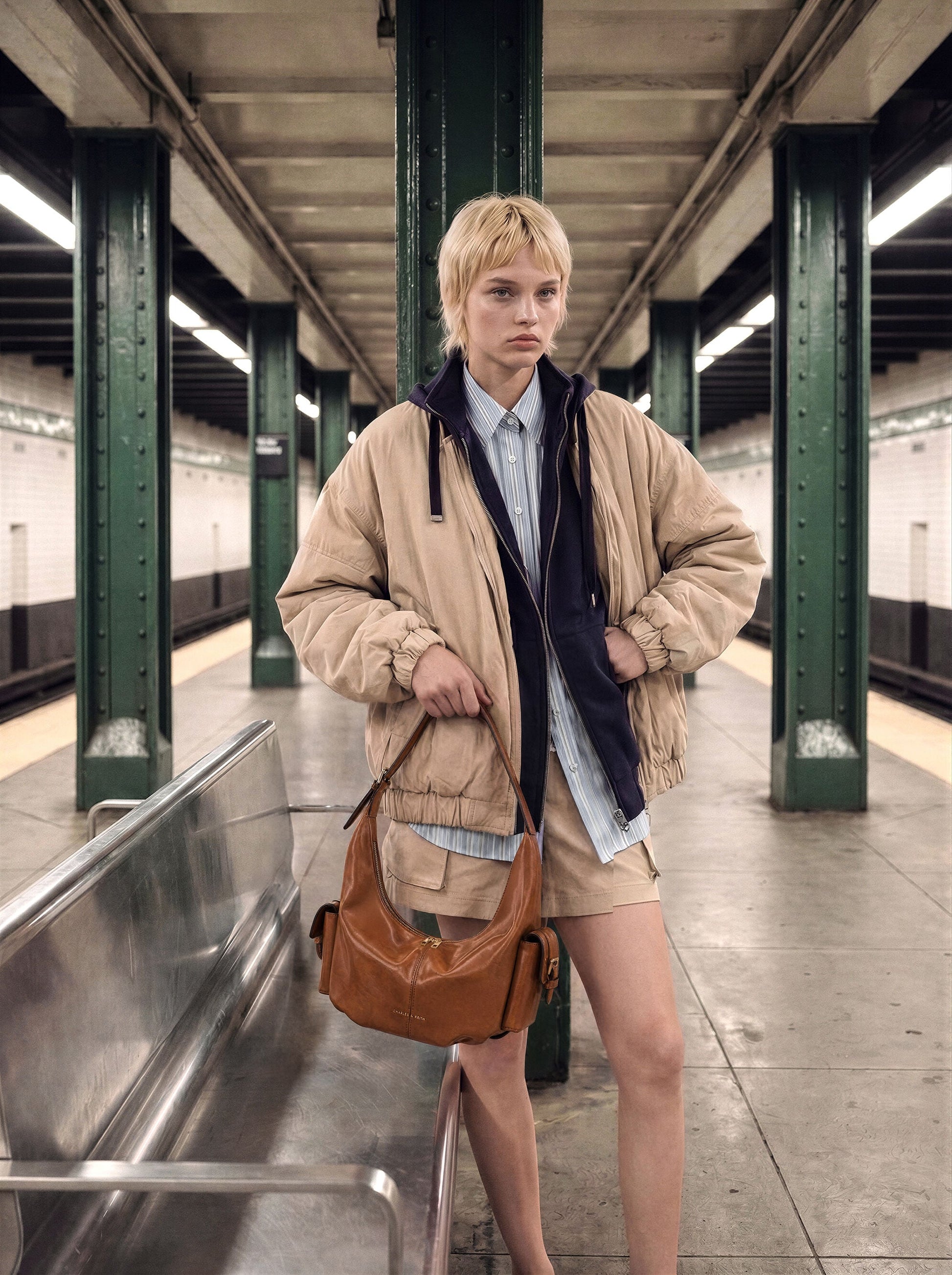 Bessie Side-Pocket Hobo Bag - Distressed Tan | CHARLES & KEITH