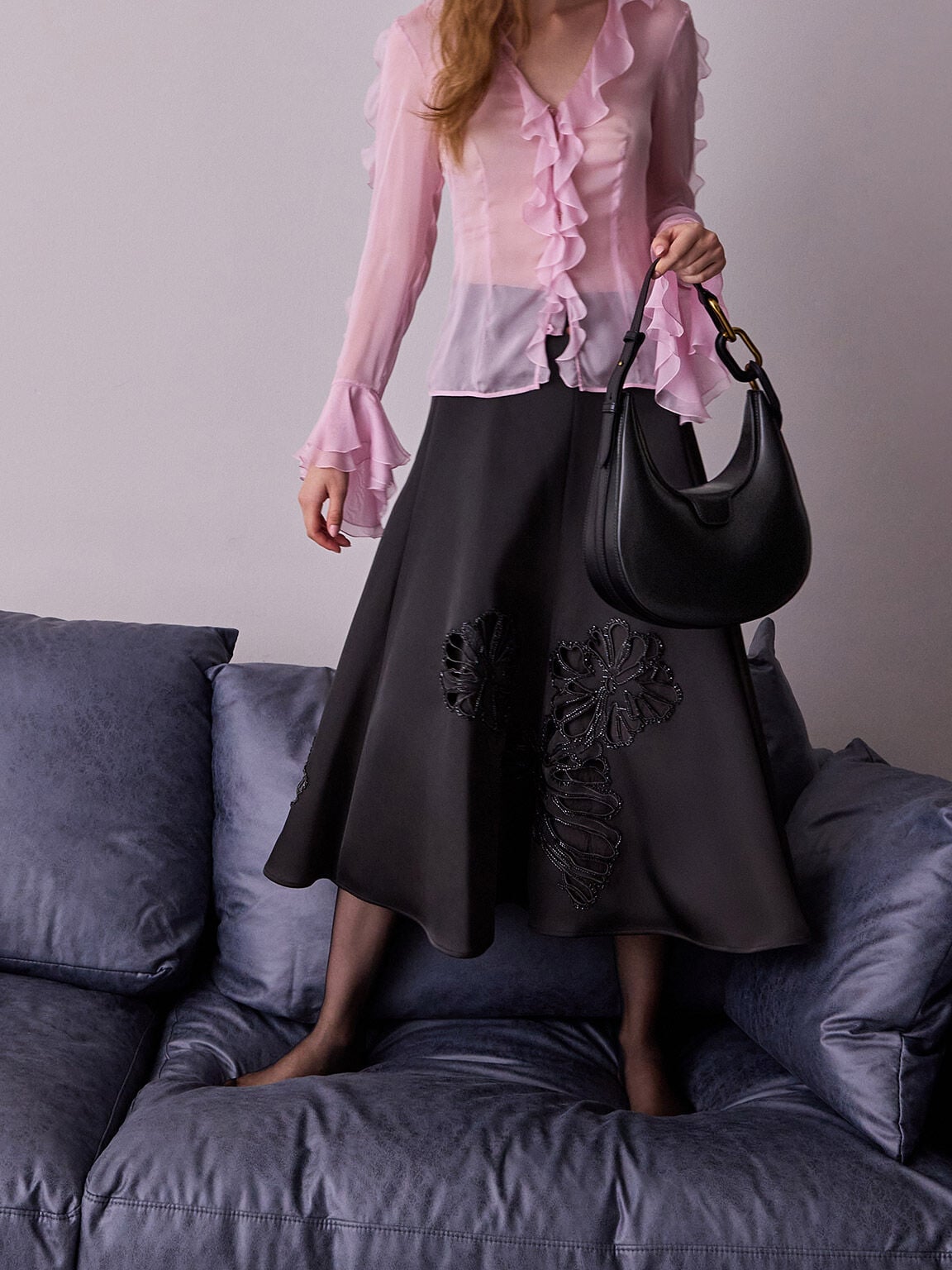 Kora Metallic-Accent Moon Bag - Black | CHARLES & KEITH