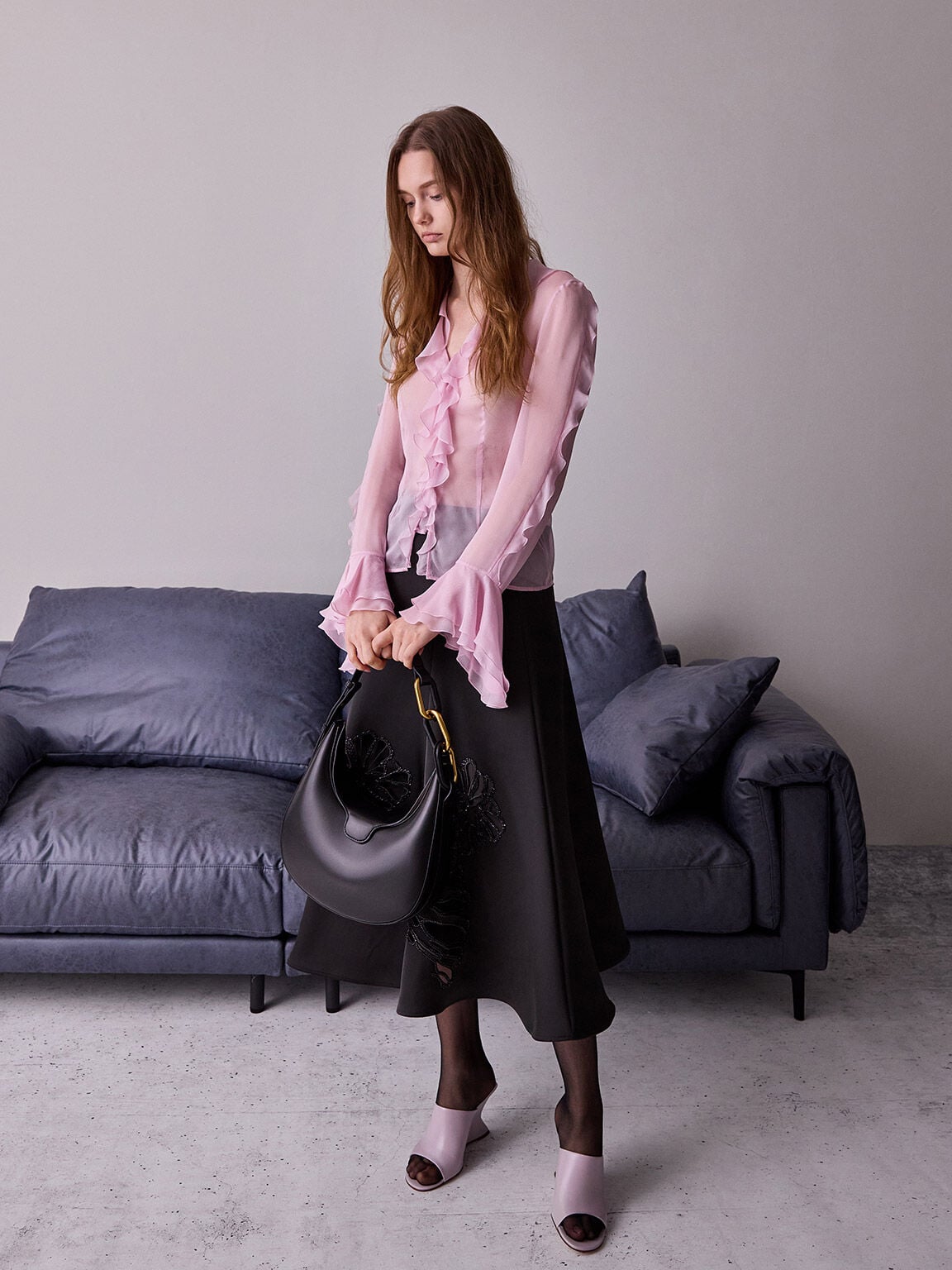 Kora Metallic-Accent Moon Bag - Black | CHARLES & KEITH