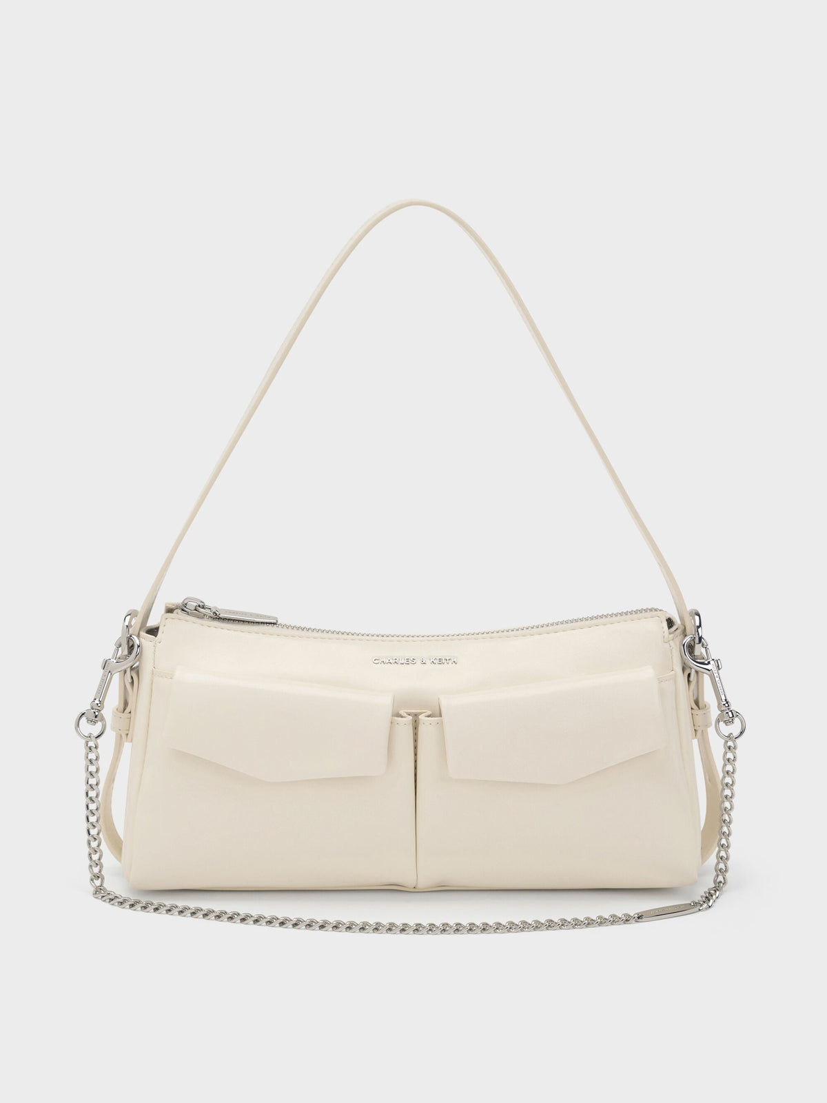 Rachel Front-Pocket Chain Shoulder Bag - Cream | CHARLES & KEITH