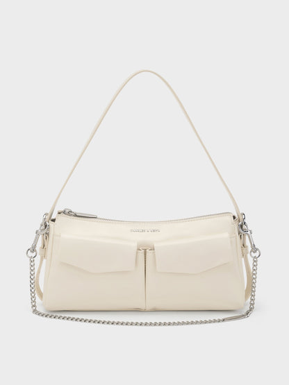 Rachel Front-Pocket Chain Shoulder Bag - Cream | CHARLES & KEITH