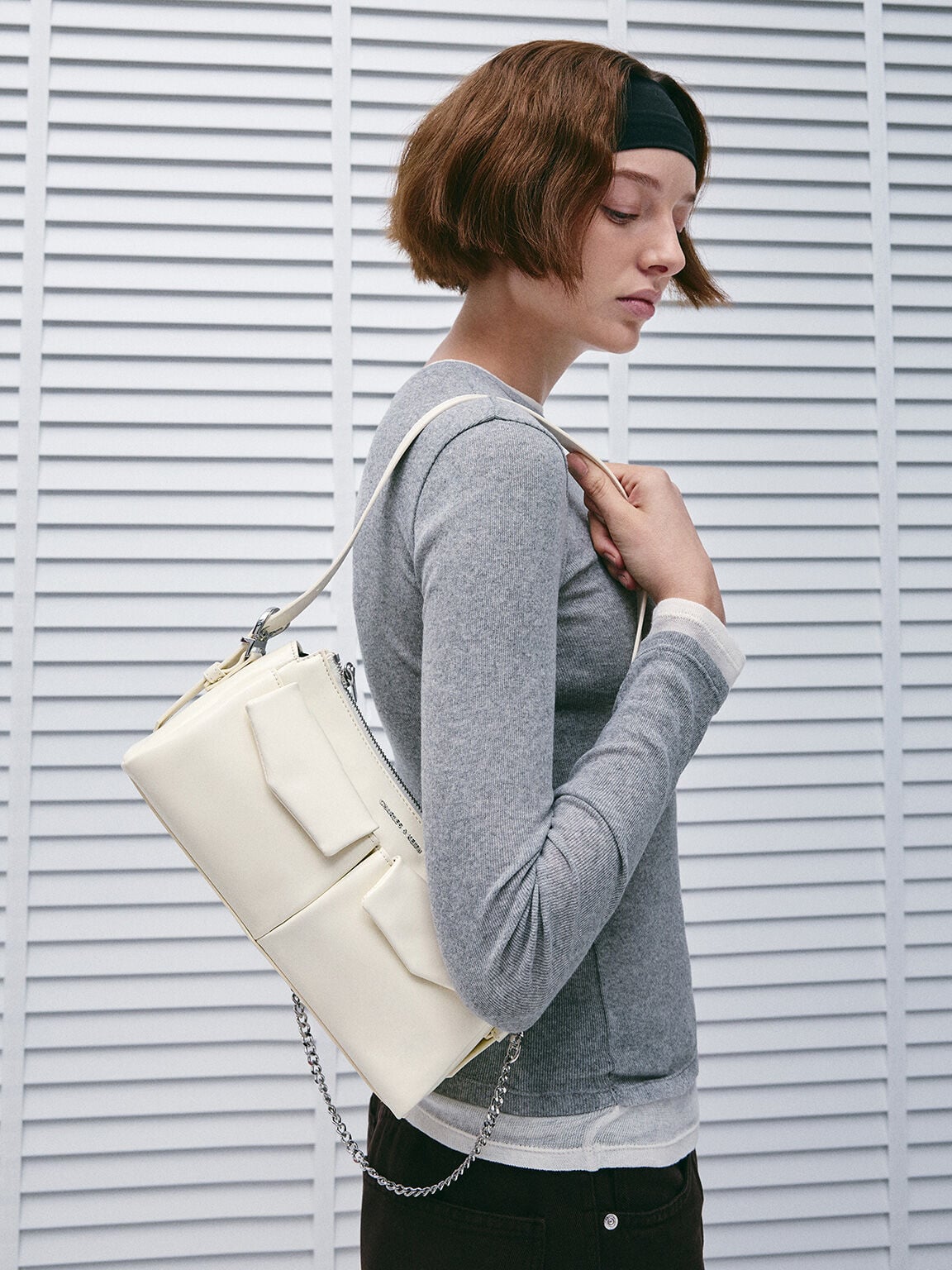 Rachel Front-Pocket Chain Shoulder Bag - Cream | CHARLES & KEITH
