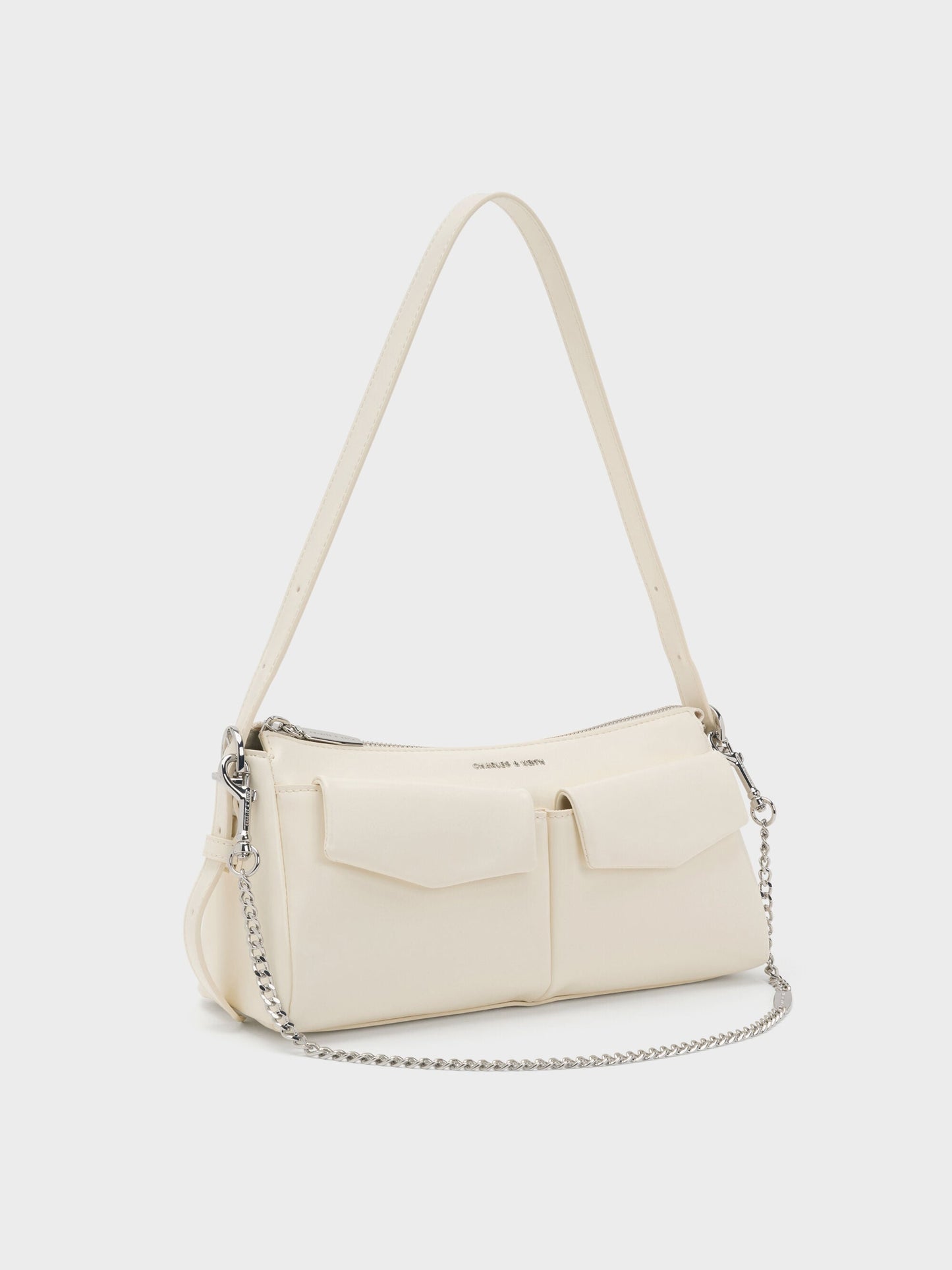 Rachel Front-Pocket Chain Shoulder Bag - Cream | CHARLES & KEITH