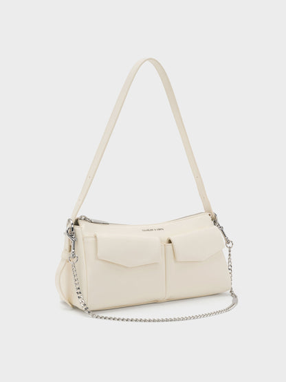 Rachel Front-Pocket Chain Shoulder Bag - Cream | CHARLES & KEITH