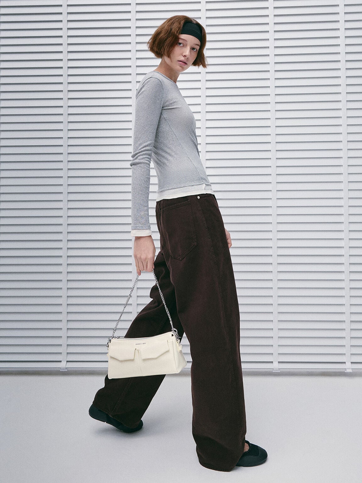 Rachel Front-Pocket Chain Shoulder Bag - Cream | CHARLES & KEITH