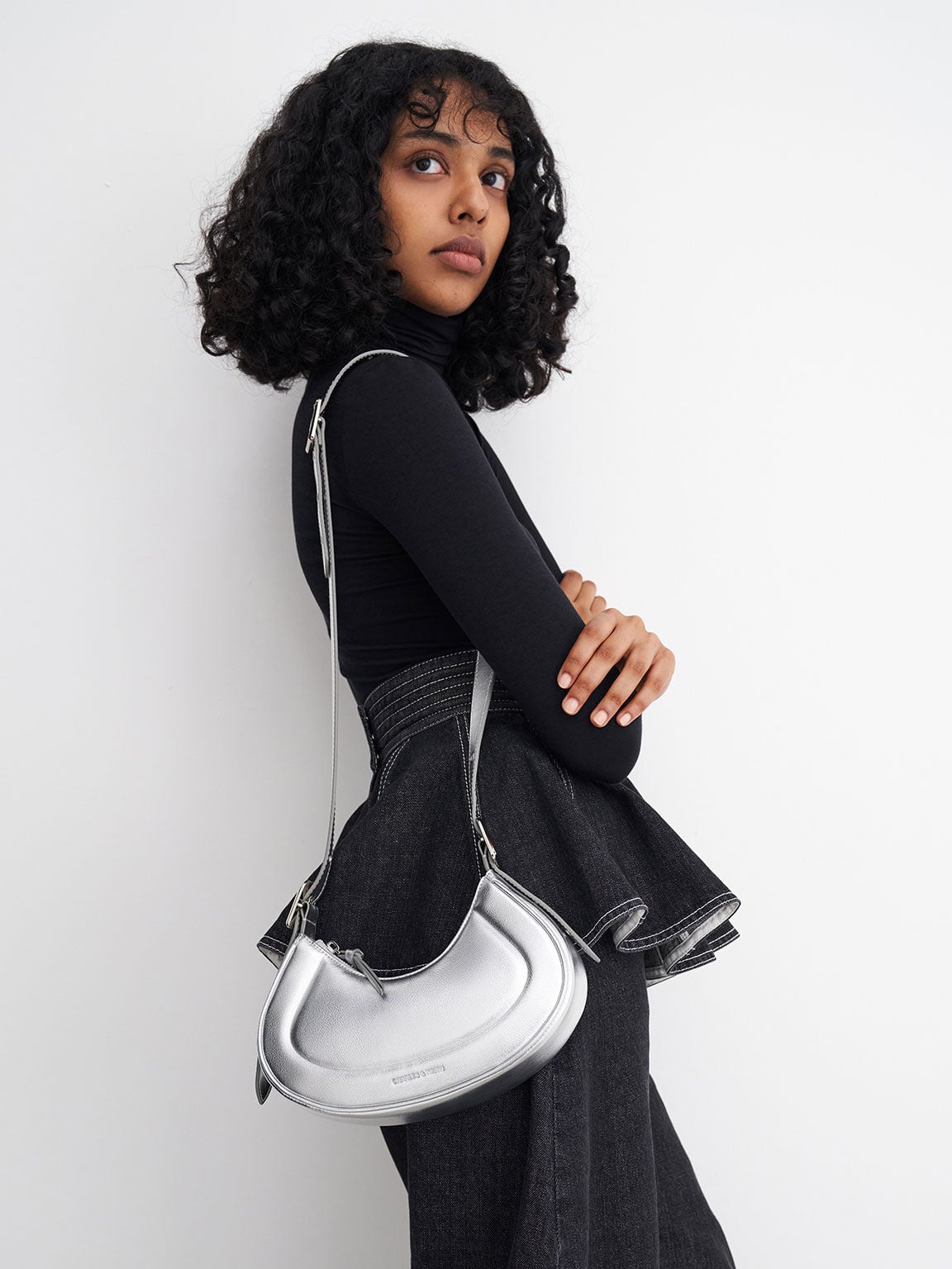Petra Curved Shoulder Bag - Silver | CHARLES & KEITH