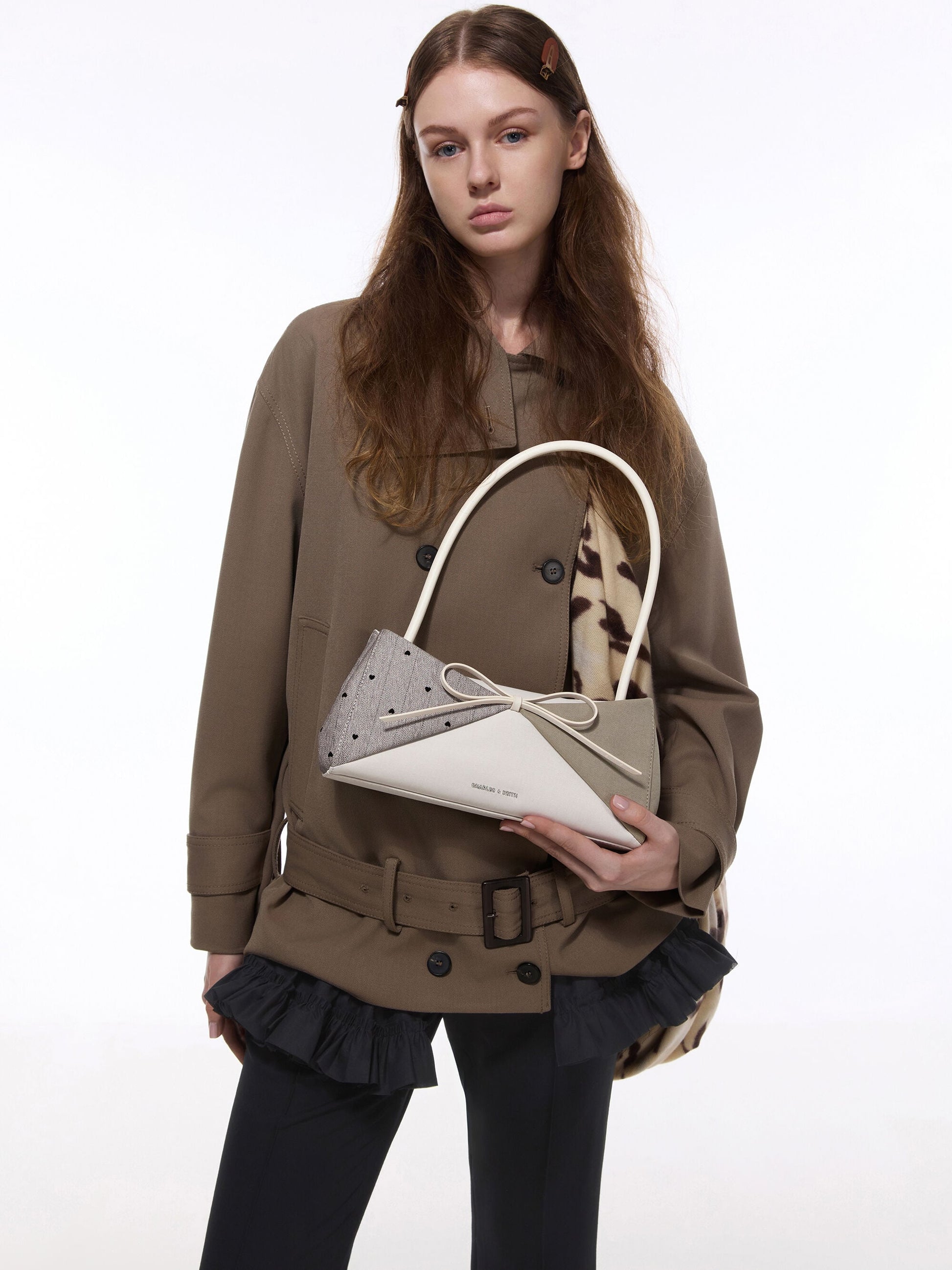 Hazel Heart-Print Bow Panelled Shoulder Bag - Taupe | CHARLES & KEITH