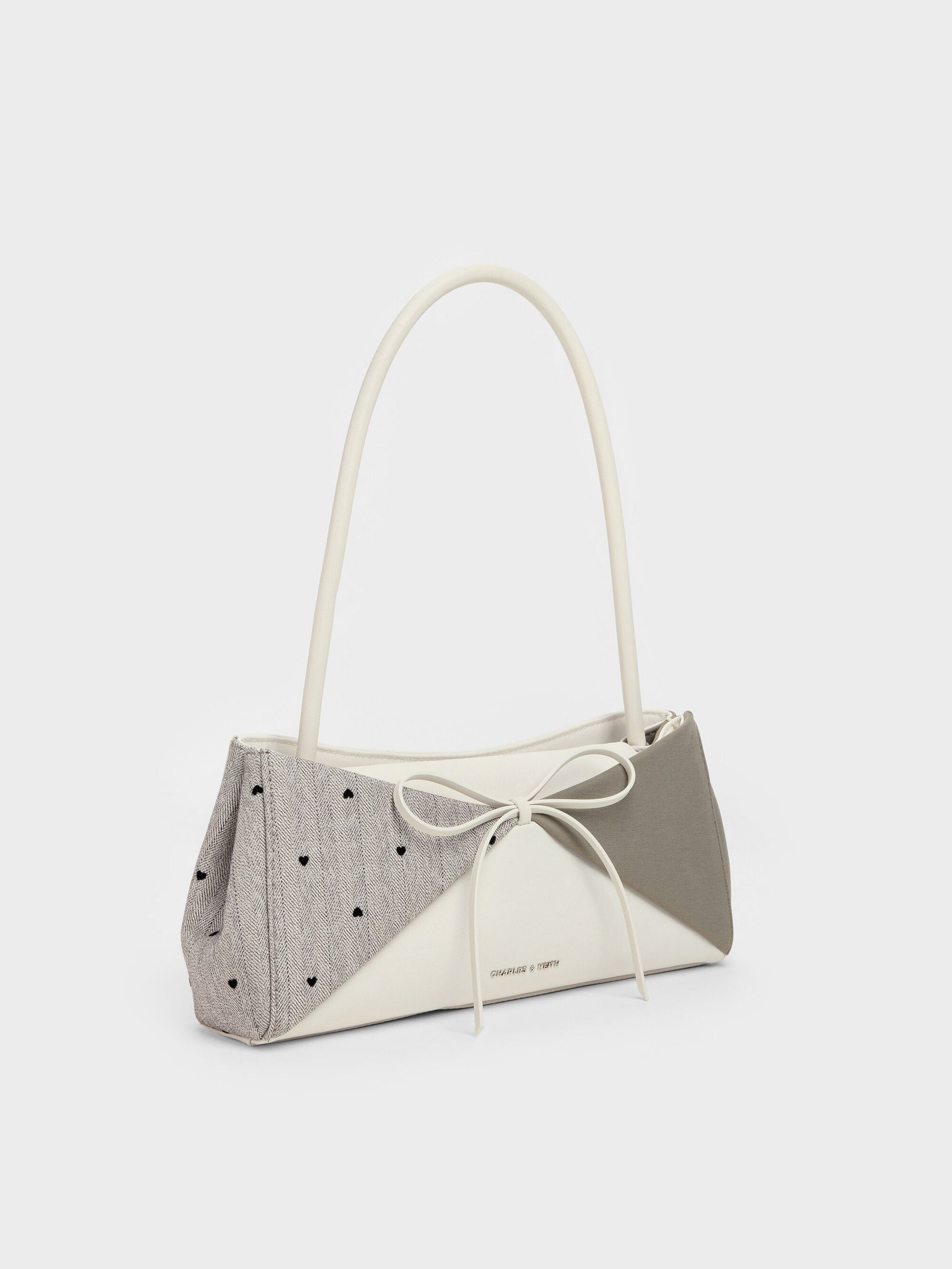Hazel Heart-Print Bow Panelled Shoulder Bag - Taupe | CHARLES & KEITH