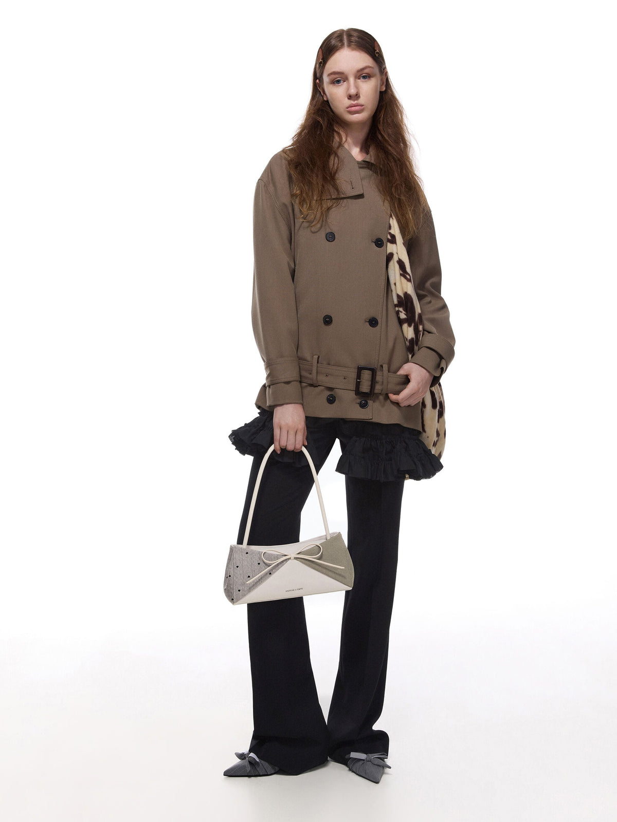 Hazel Heart-Print Bow Panelled Shoulder Bag - Taupe | CHARLES & KEITH