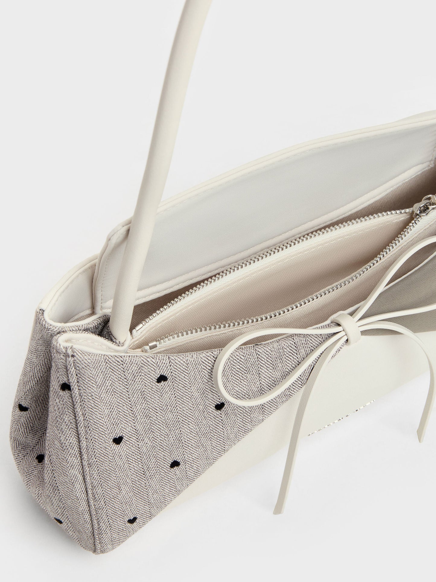 Hazel Heart-Print Bow Panelled Shoulder Bag - Taupe | CHARLES & KEITH