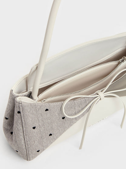 Hazel Heart-Print Bow Panelled Shoulder Bag - Taupe | CHARLES & KEITH