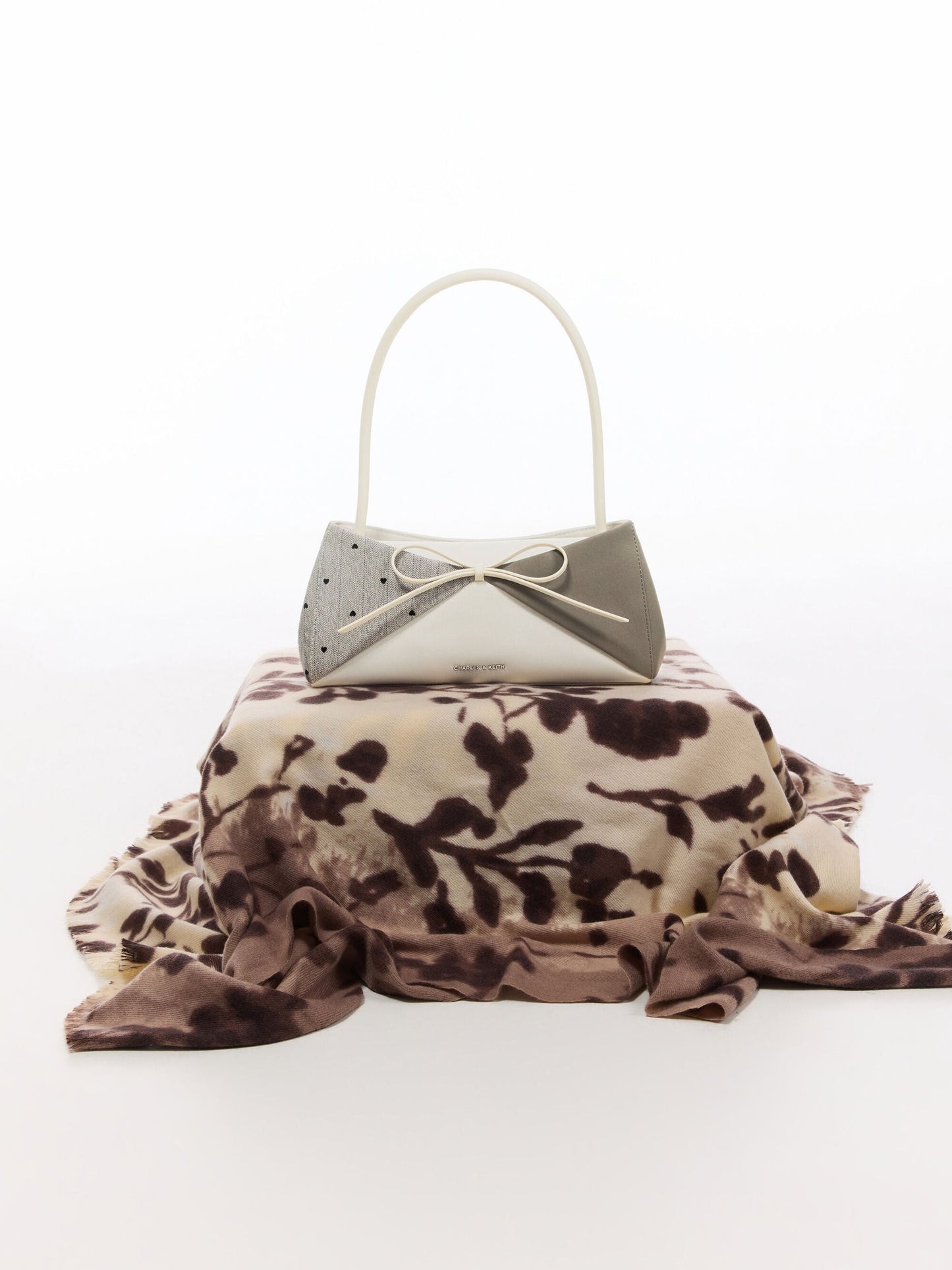 Hazel Heart-Print Bow Panelled Shoulder Bag - Taupe | CHARLES & KEITH