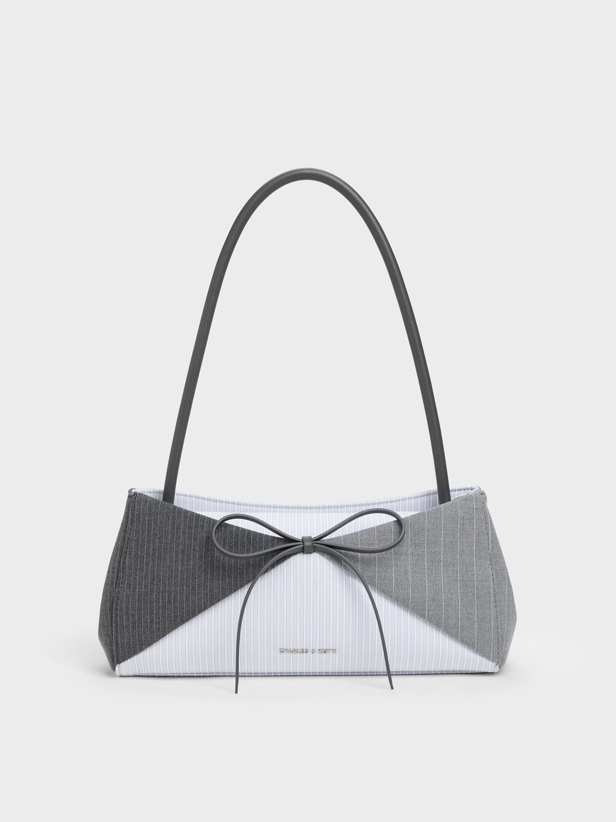 Hazel Striped Bow Panelled Shoulder Bag - Grey | CHARLES & KEITH