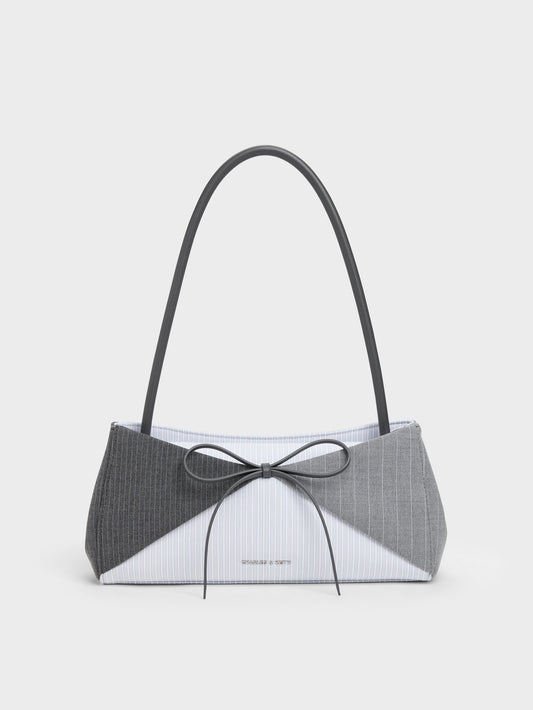 Hazel Striped Bow Panelled Shoulder Bag - Grey | CHARLES & KEITH