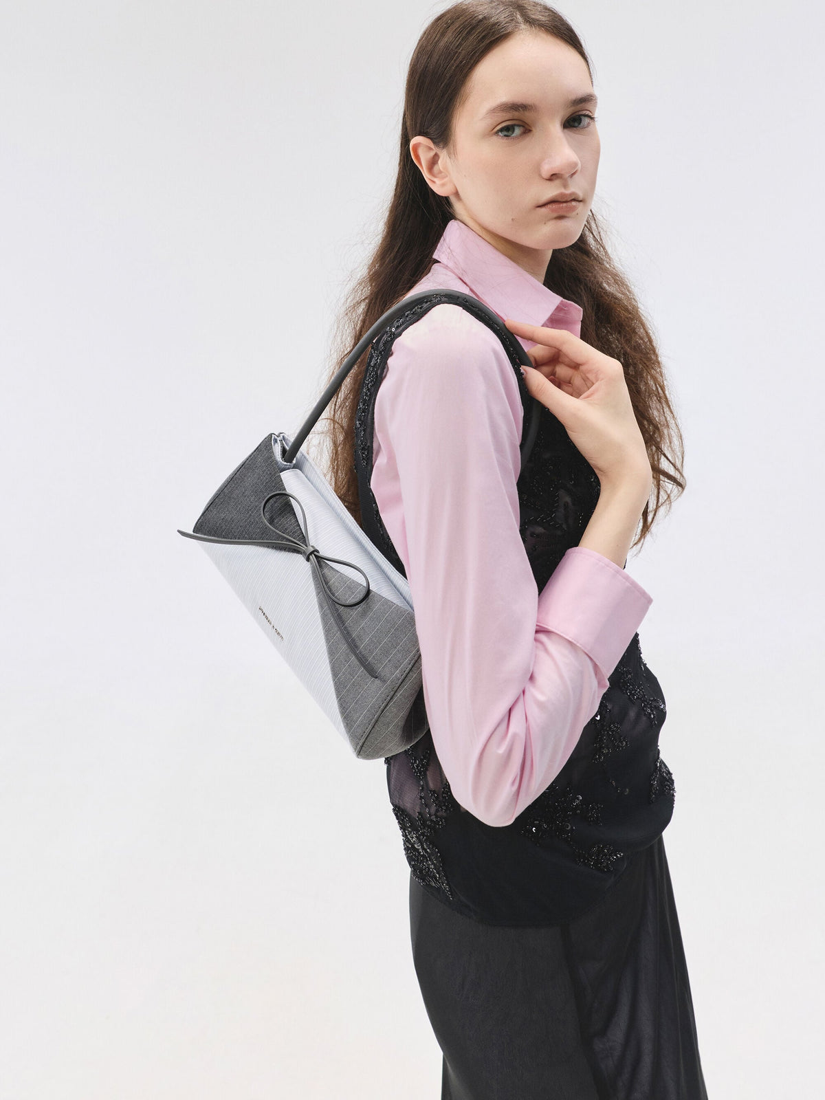 Hazel Striped Bow Panelled Shoulder Bag - Grey | CHARLES & KEITH