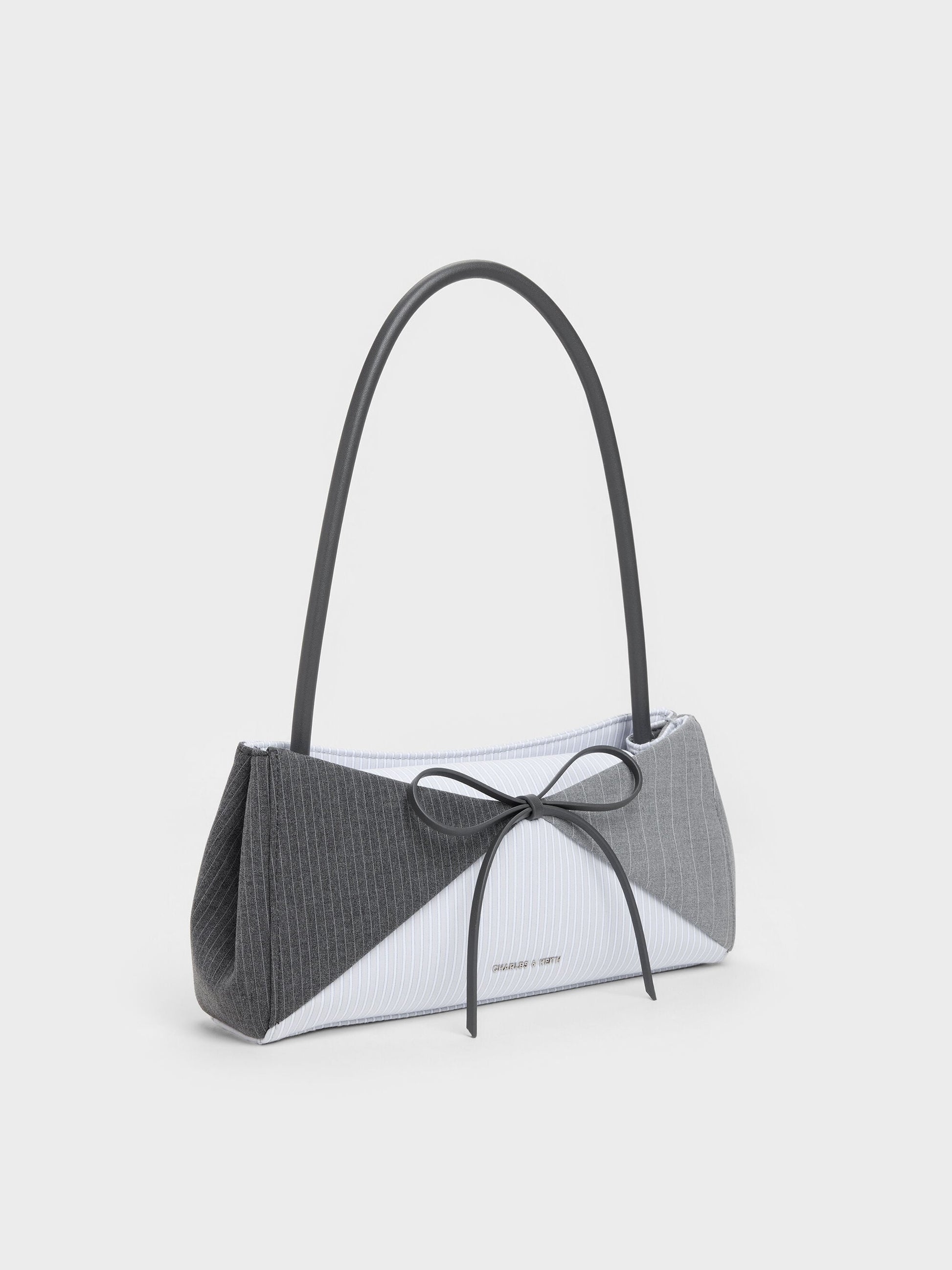 Hazel Striped Bow Panelled Shoulder Bag - Grey | CHARLES & KEITH