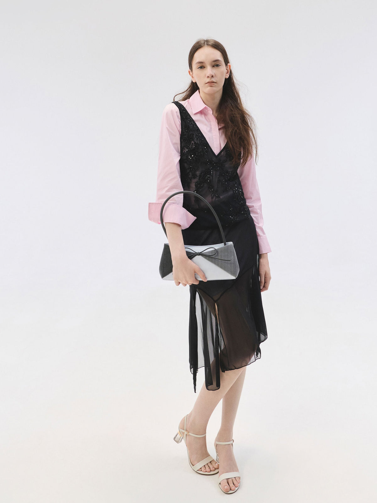Hazel Striped Bow Panelled Shoulder Bag - Grey | CHARLES & KEITH