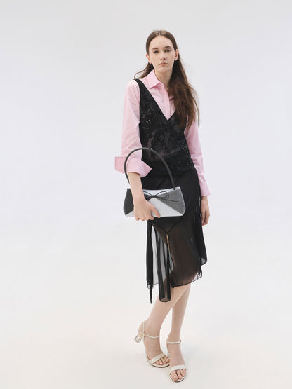 Hazel Striped Bow Panelled Shoulder Bag - Grey | CHARLES & KEITH