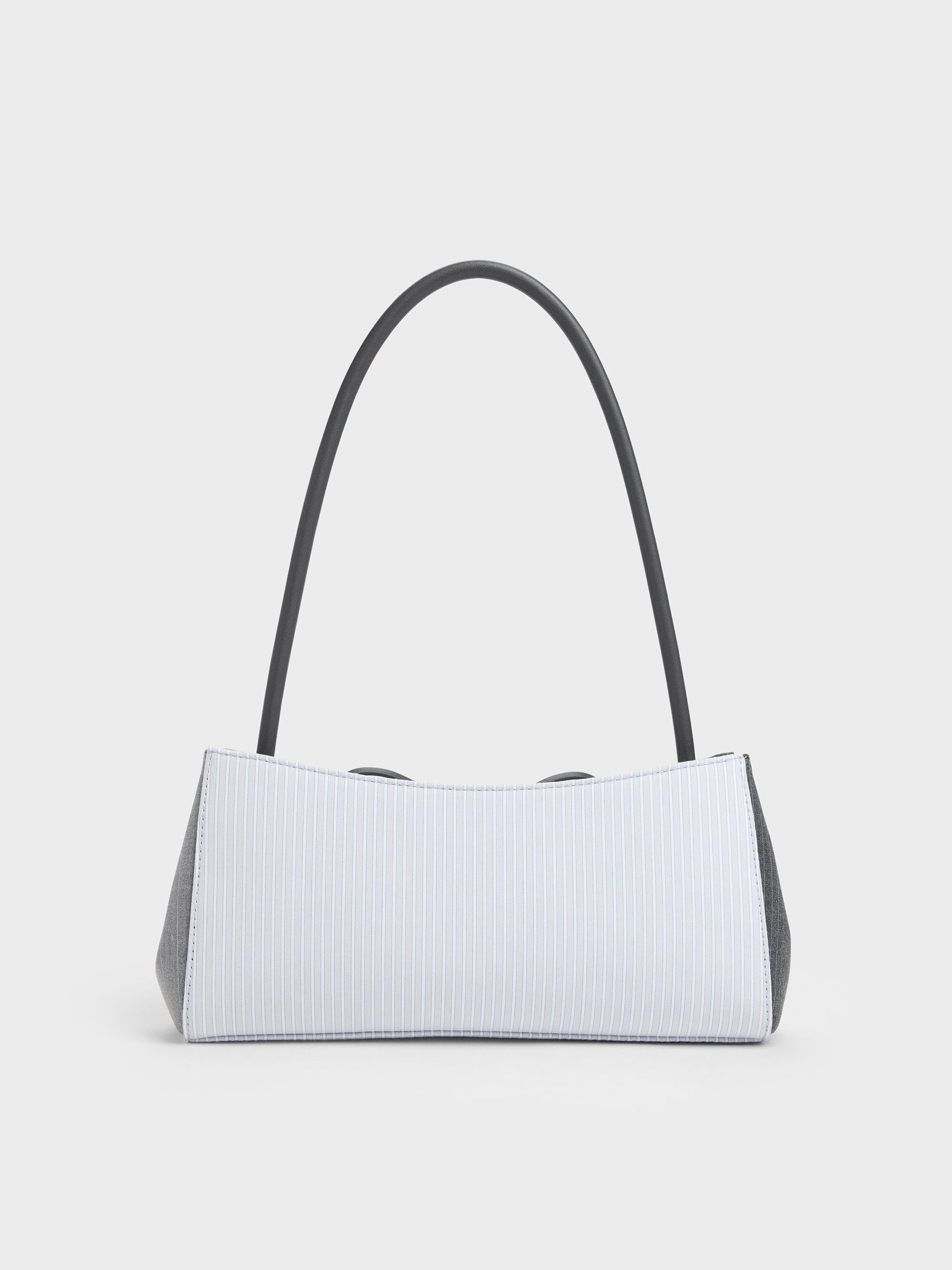 Hazel Striped Bow Panelled Shoulder Bag - Grey | CHARLES & KEITH