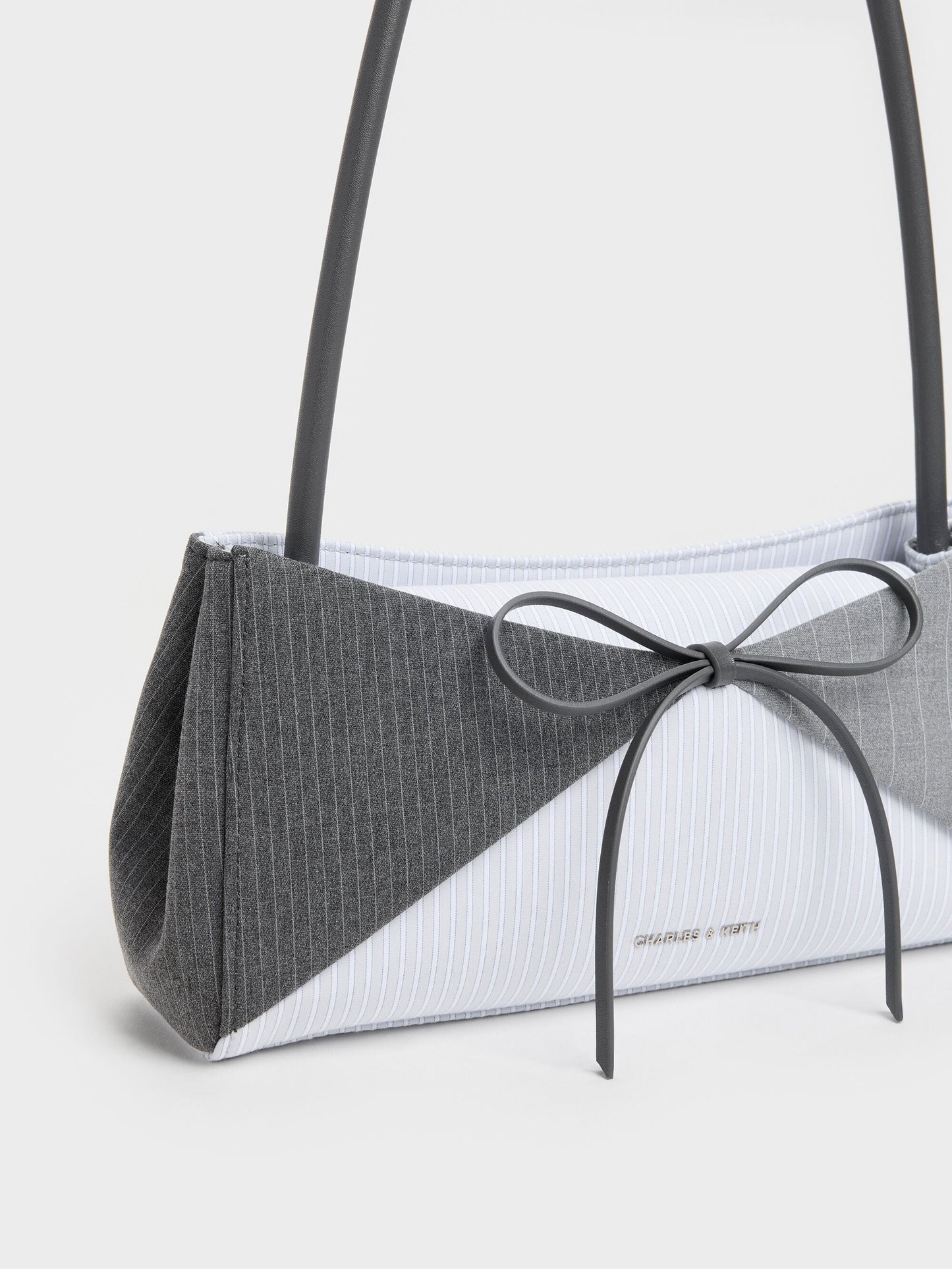 Hazel Striped Bow Panelled Shoulder Bag - Grey | CHARLES & KEITH