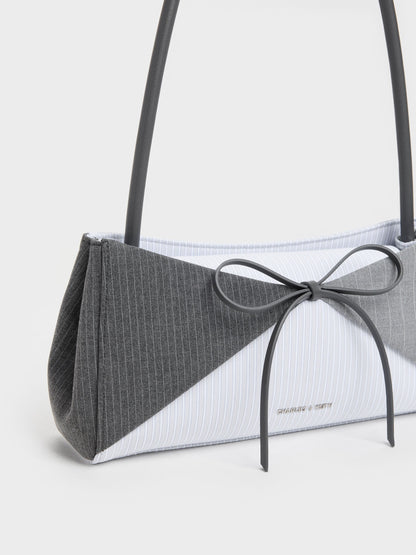 Hazel Striped Bow Panelled Shoulder Bag - Grey | CHARLES & KEITH