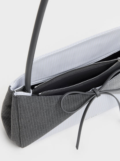 Hazel Striped Bow Panelled Shoulder Bag - Grey | CHARLES & KEITH