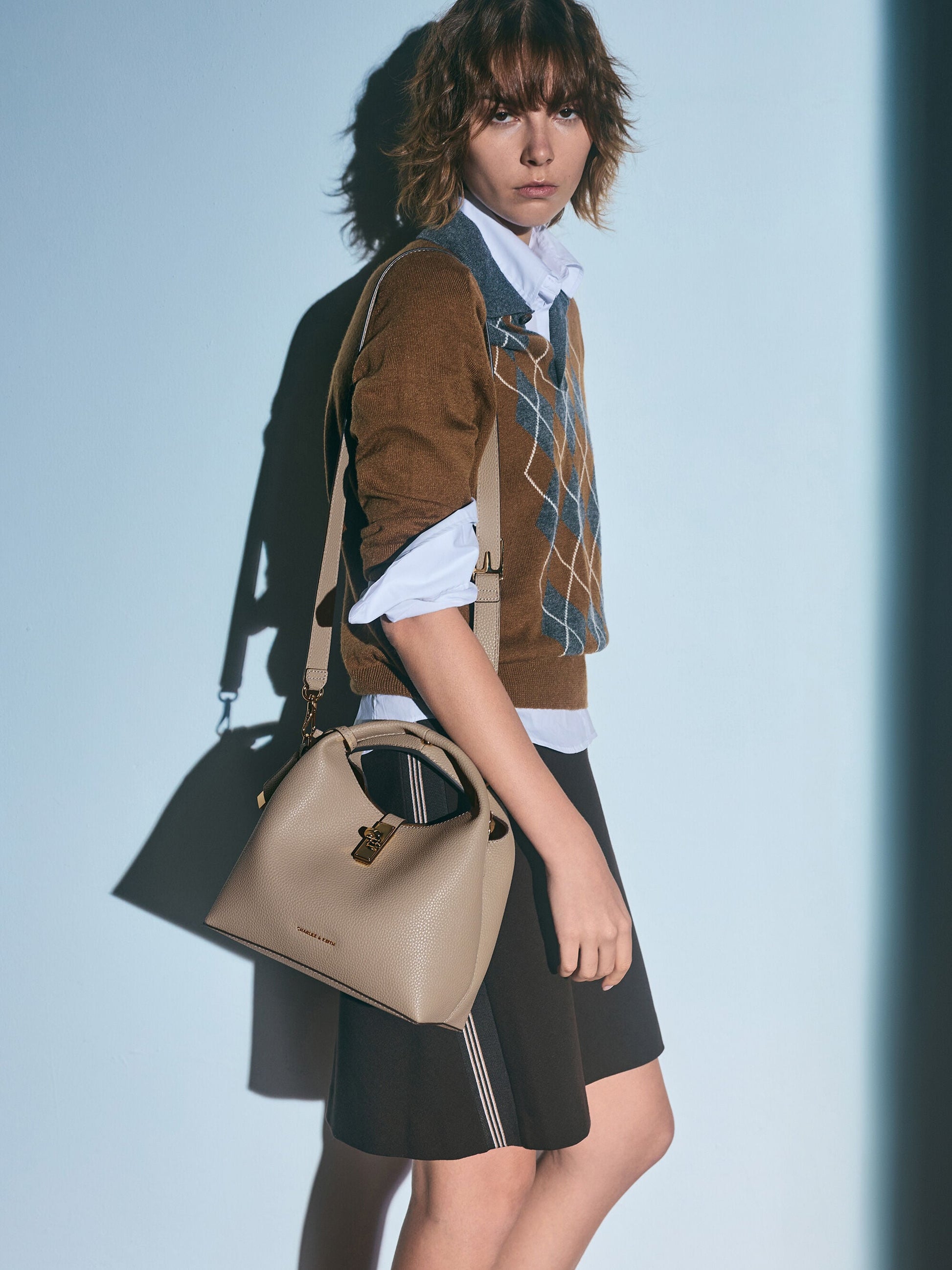Chance Turn-Lock Bucket Bag - Taupe | CHARLES & KEITH