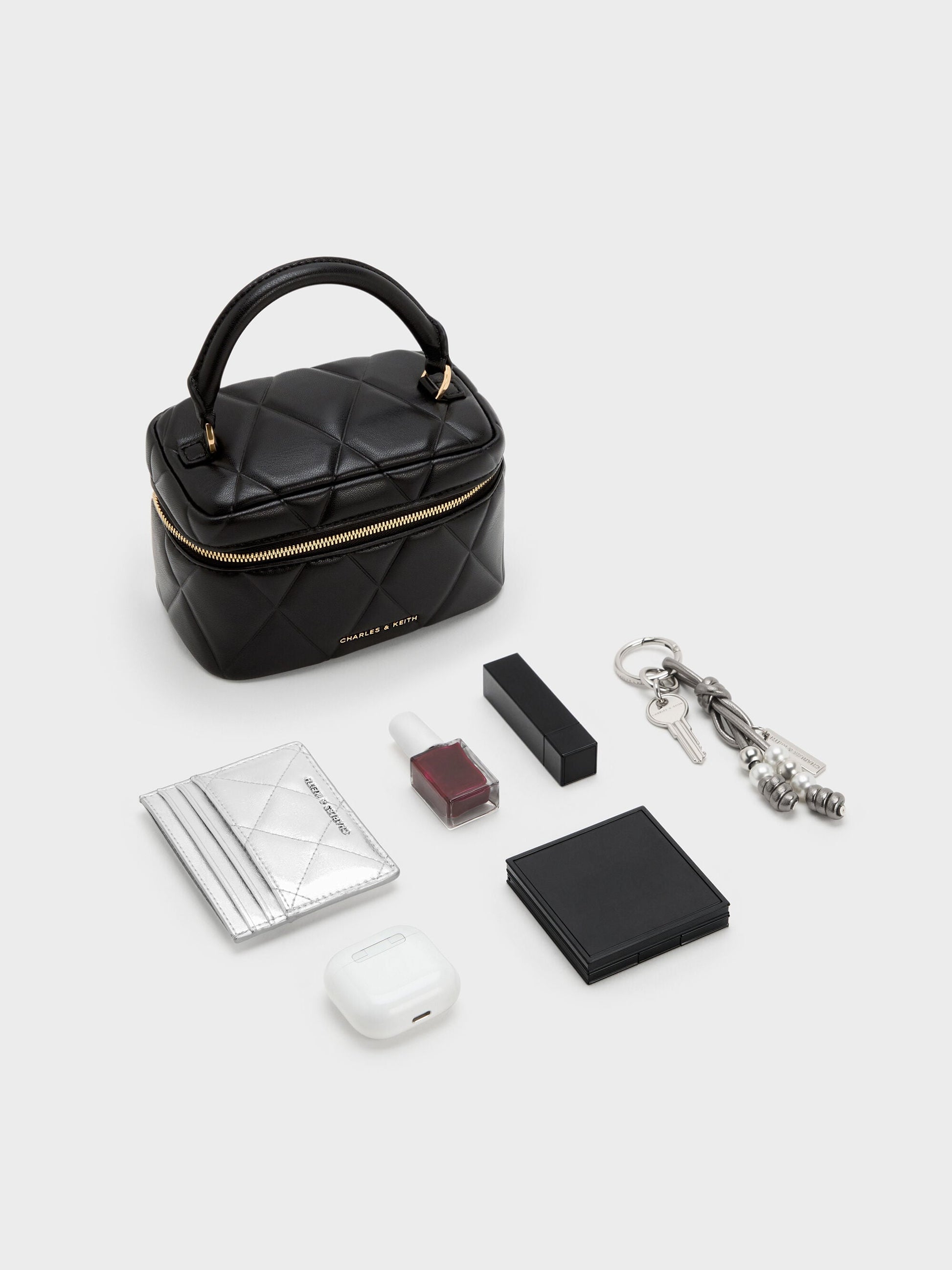 Arwen Quilted Top Handle Vanity Bag - Black | CHARLES & KEITH