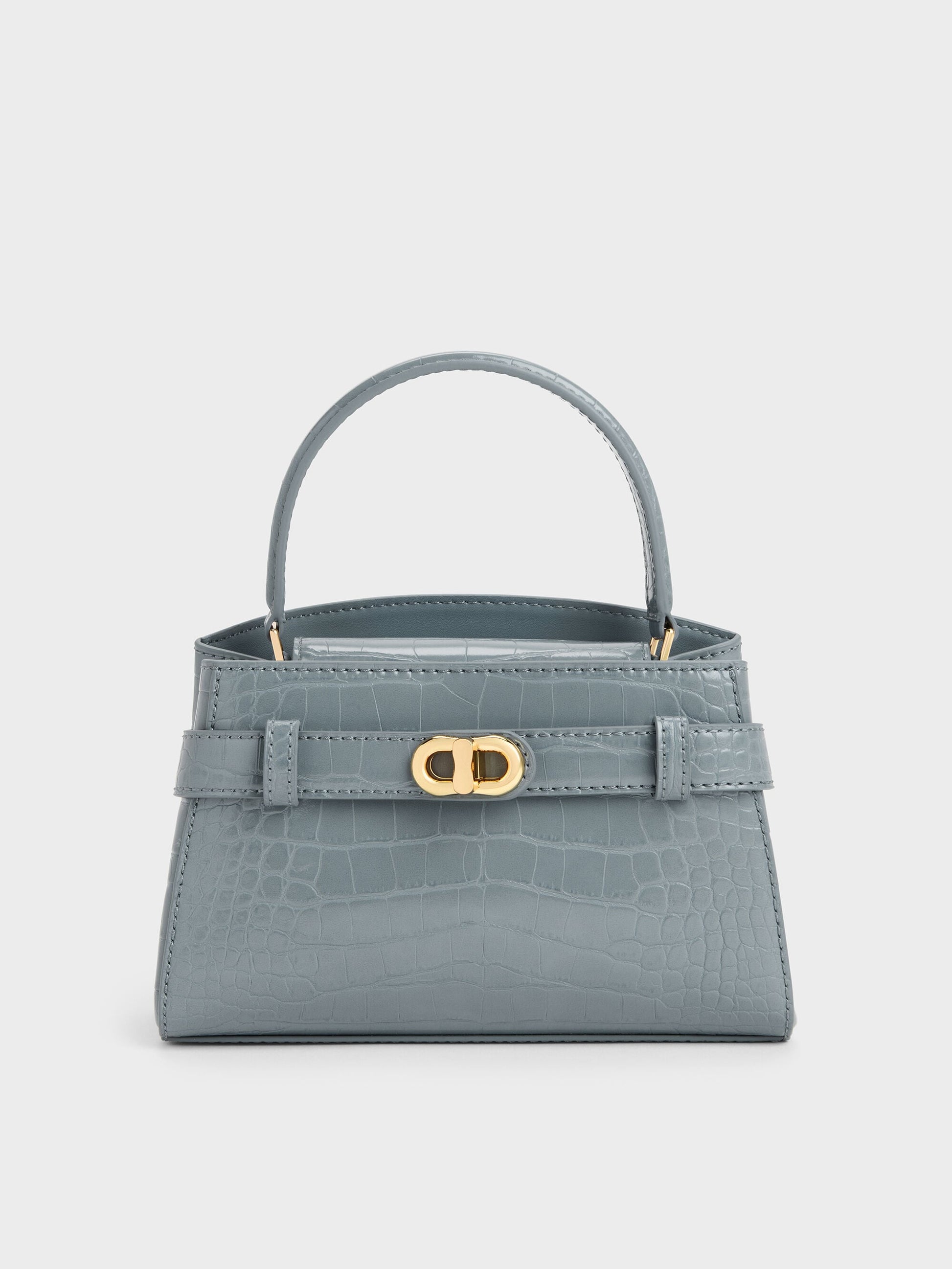 Aubrielle Croc-Effect Belted Top Handle Bag - Smoky Blue | CHARLES & KEITH