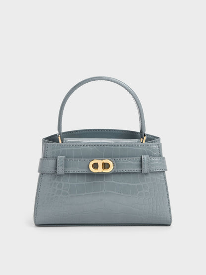 Aubrielle Croc-Effect Belted Top Handle Bag - Smoky Blue | CHARLES & KEITH