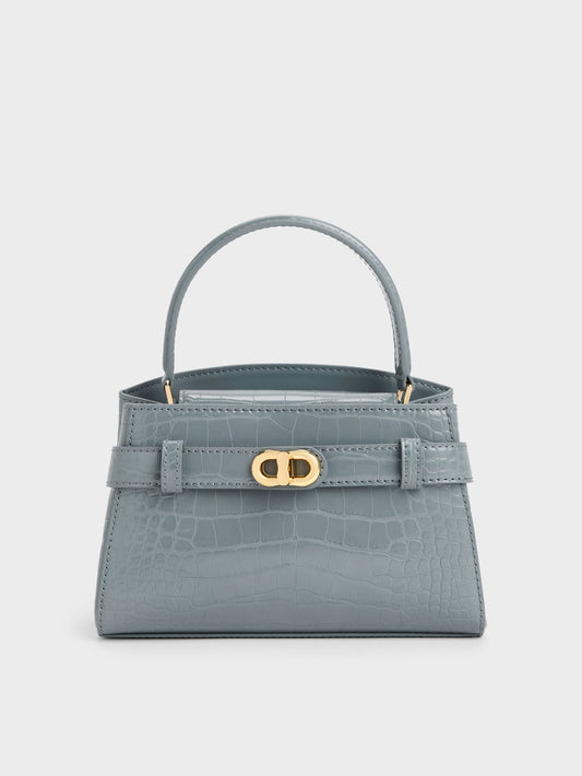 Aubrielle Croc-Effect Belted Top Handle Bag - Smoky Blue | CHARLES & KEITH