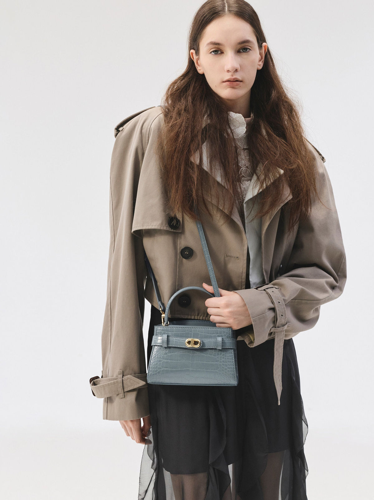 Aubrielle Croc-Effect Belted Top Handle Bag - Smoky Blue | CHARLES & KEITH