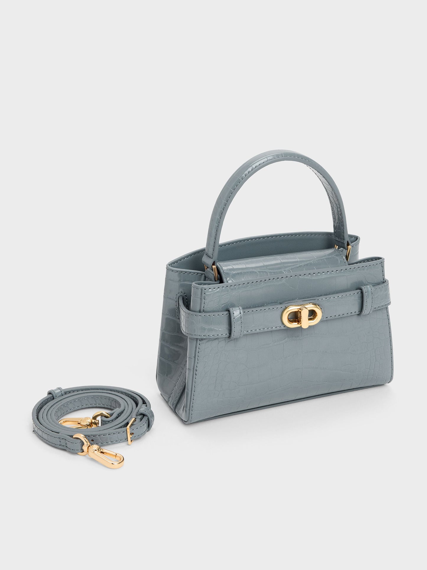 Aubrielle Croc-Effect Belted Top Handle Bag - Smoky Blue | CHARLES & KEITH