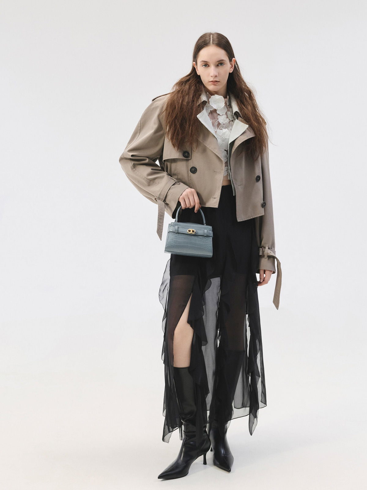 Aubrielle Croc-Effect Belted Top Handle Bag - Smoky Blue | CHARLES & KEITH