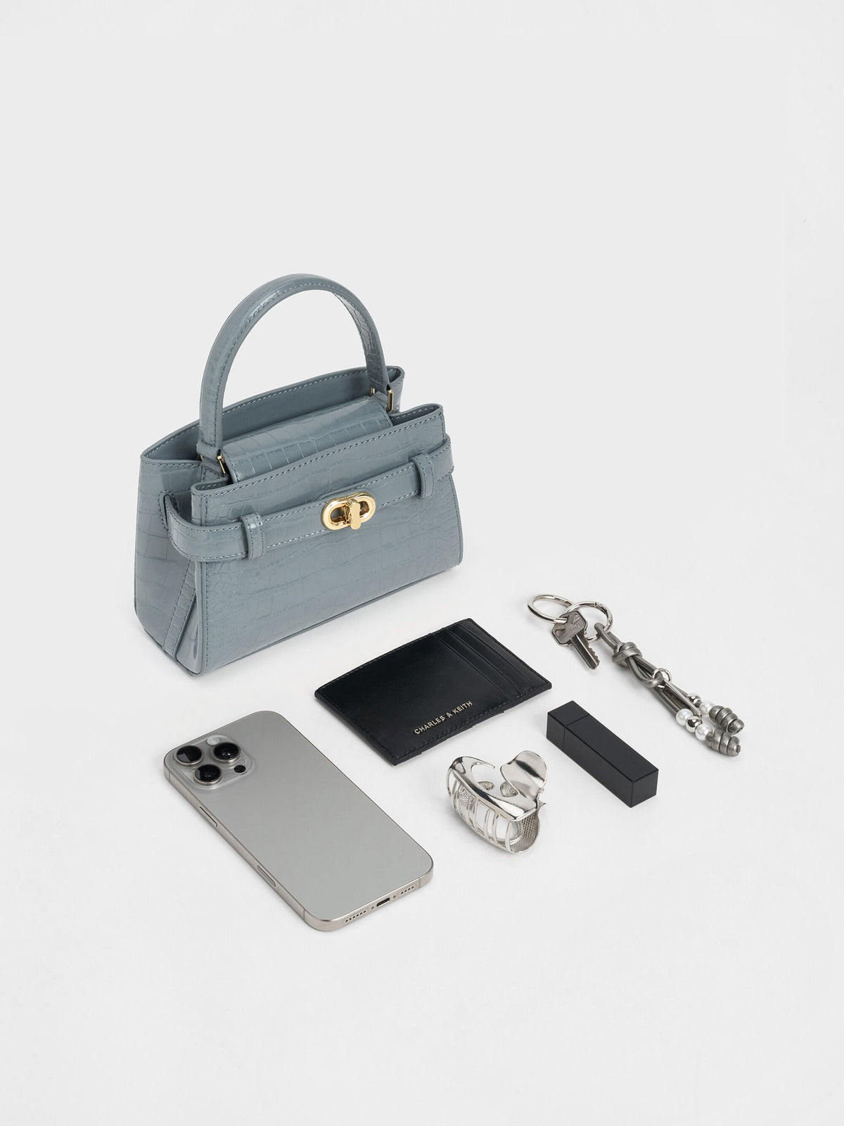 Aubrielle Croc-Effect Belted Top Handle Bag - Smoky Blue | CHARLES & KEITH